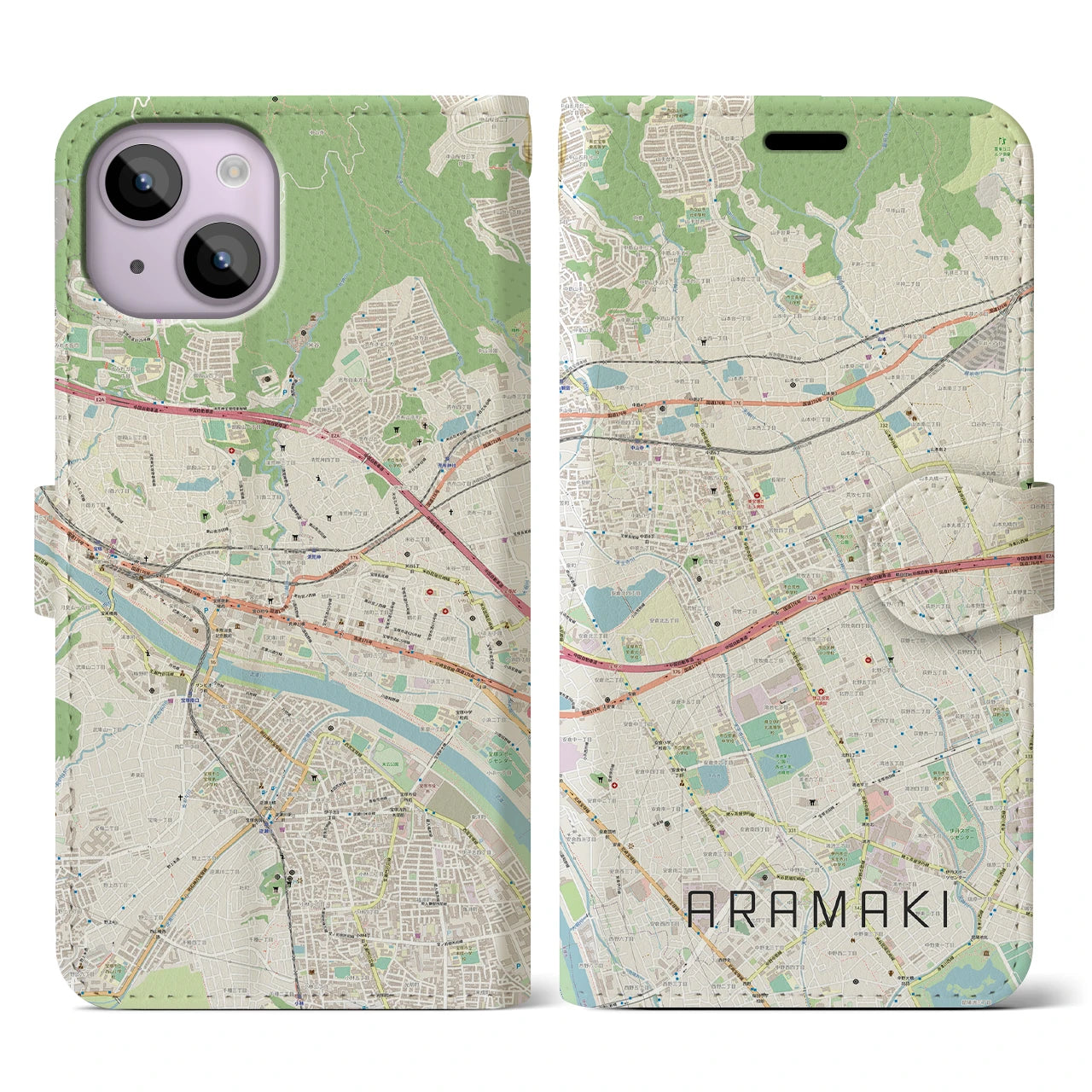 【荒牧】地図柄iPhoneケース（手帳両面タイプ・ナチュラル）iPhone 14 用