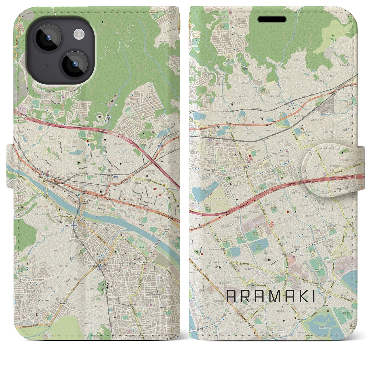 【荒牧】地図柄iPhoneケース（手帳両面タイプ・ナチュラル）iPhone 14 Plus 用