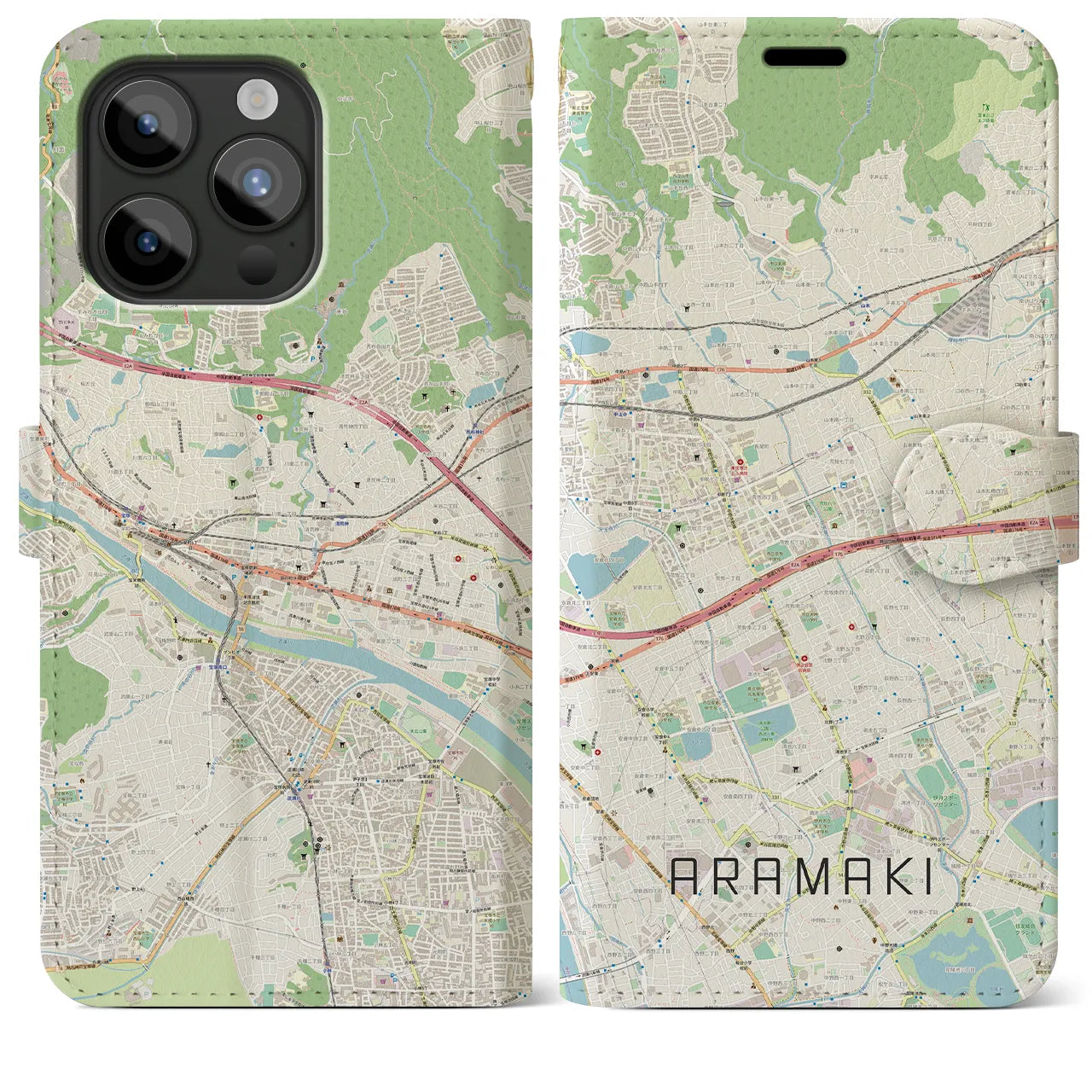 【荒牧】地図柄iPhoneケース（手帳両面タイプ・ナチュラル）iPhone 15 Pro Max 用