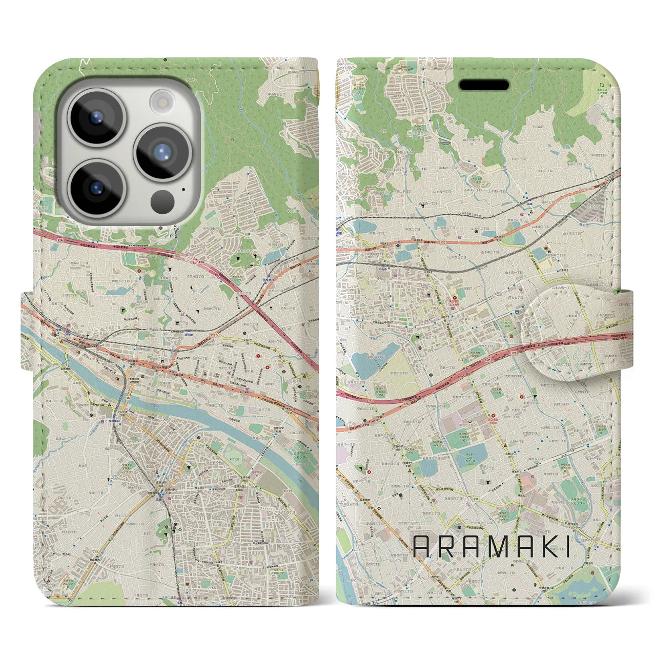 【荒牧】地図柄iPhoneケース（手帳両面タイプ・ナチュラル）iPhone 15 Pro 用