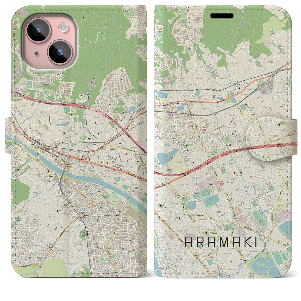 【荒牧】地図柄iPhoneケース（手帳両面タイプ・ナチュラル）iPhone 15 Plus 用