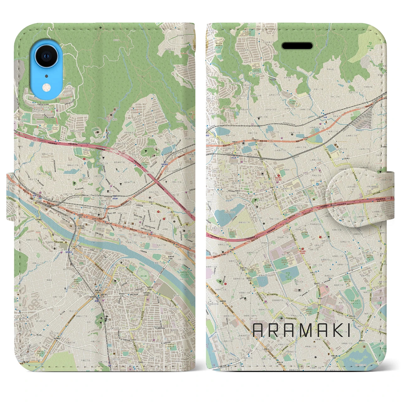 【荒牧】地図柄iPhoneケース（手帳両面タイプ・ナチュラル）iPhone XR 用
