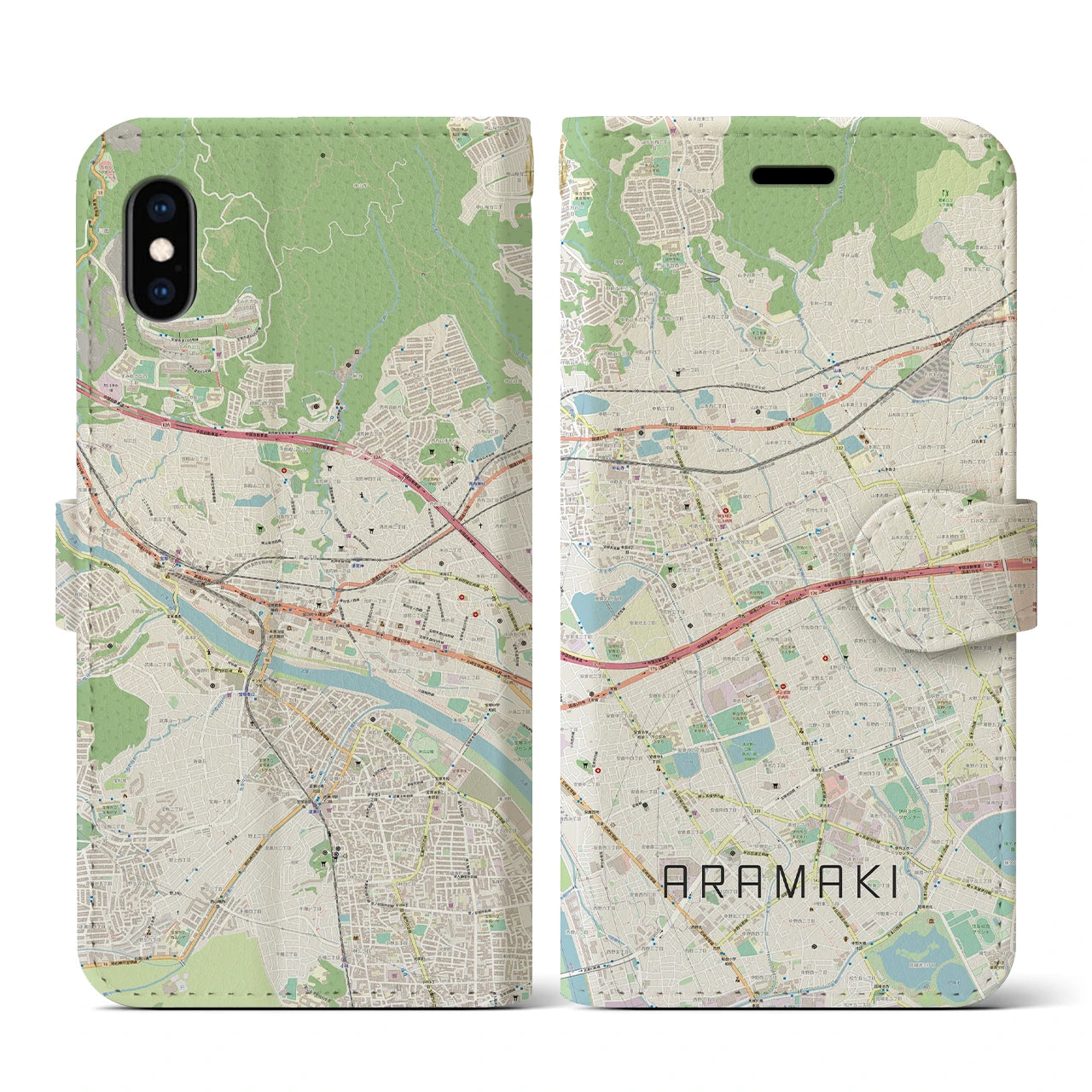 【荒牧】地図柄iPhoneケース（手帳両面タイプ・ナチュラル）iPhone XS / X 用