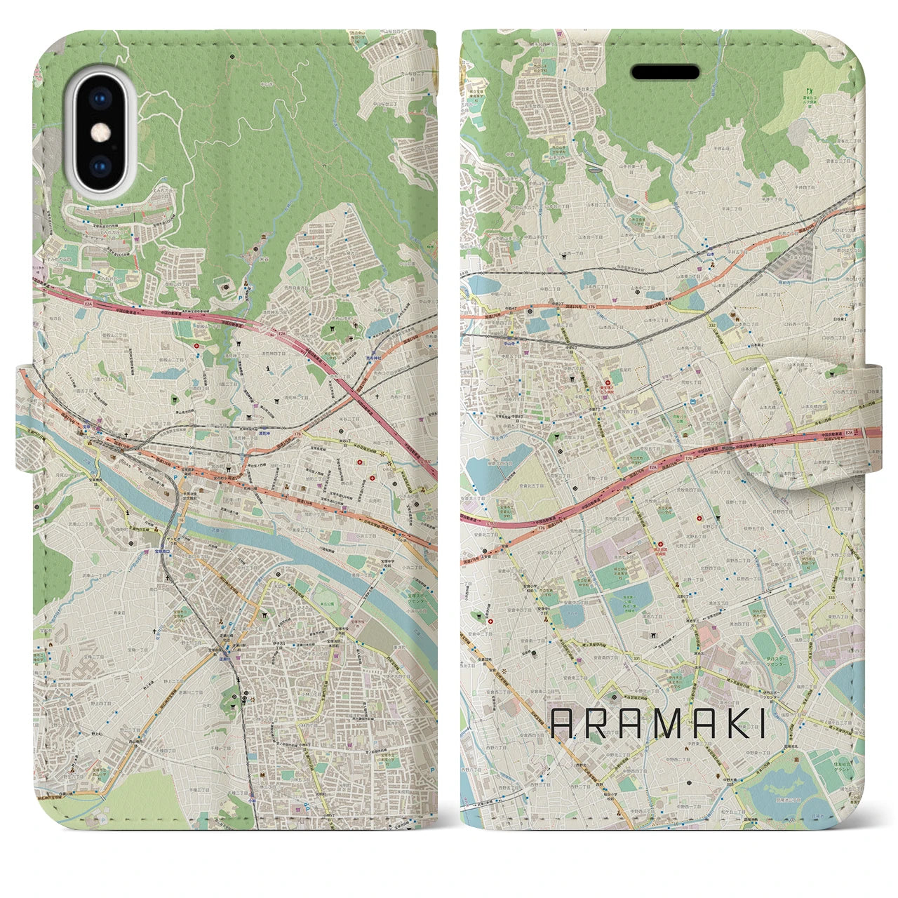 【荒牧】地図柄iPhoneケース（手帳両面タイプ・ナチュラル）iPhone XS Max 用