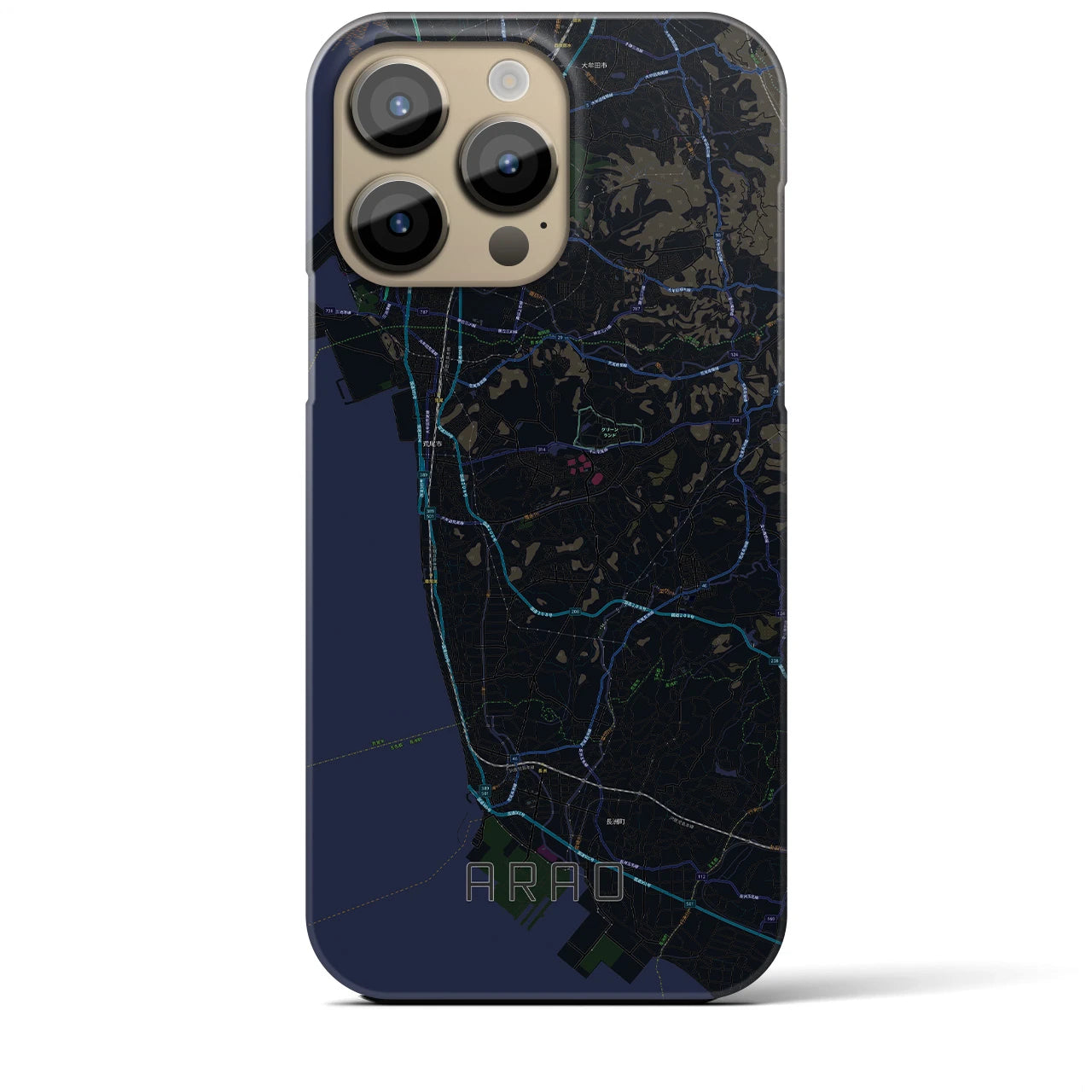 【荒尾】地図柄iPhoneケース（バックカバータイプ・ブラック）iPhone 14 Pro Max 用