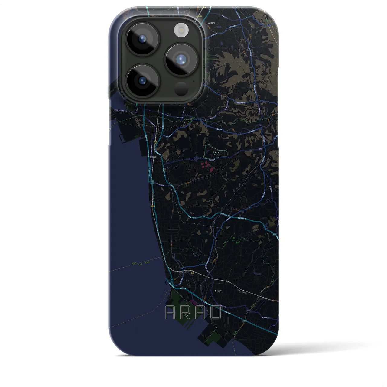 【荒尾】地図柄iPhoneケース（バックカバータイプ・ブラック）iPhone 15 Pro Max 用