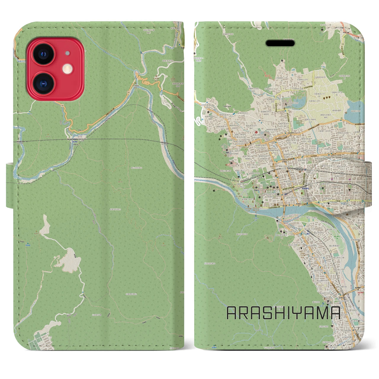 【嵐山】地図柄iPhoneケース（手帳両面タイプ・ナチュラル）iPhone 11 用