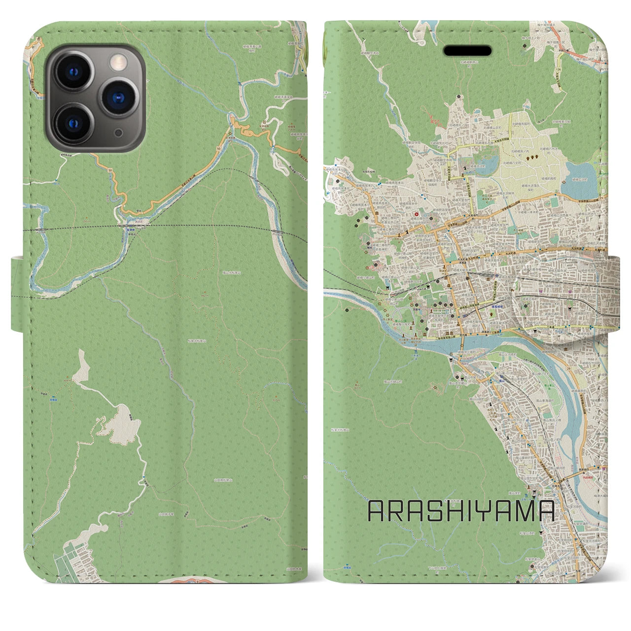 【嵐山】地図柄iPhoneケース（手帳両面タイプ・ナチュラル）iPhone 11 Pro Max 用