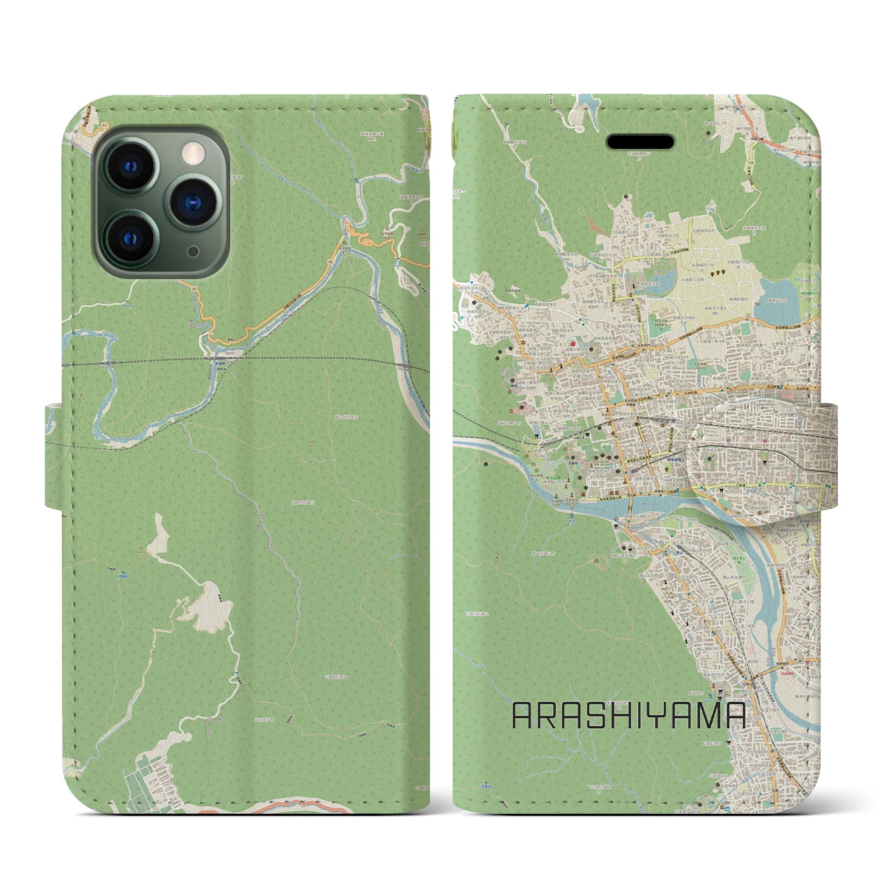 【嵐山】地図柄iPhoneケース（手帳両面タイプ・ナチュラル）iPhone 11 Pro 用