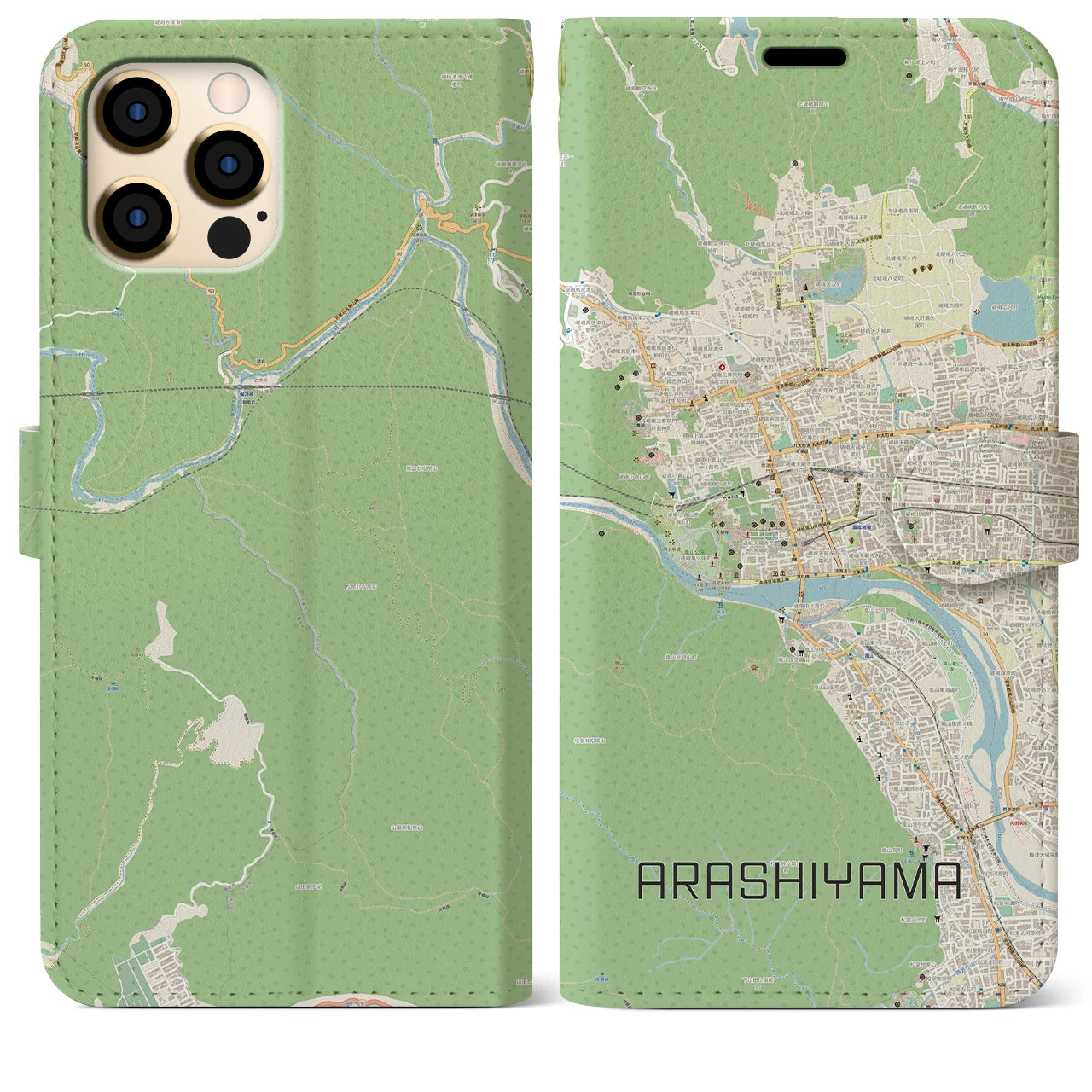 【嵐山】地図柄iPhoneケース（手帳両面タイプ・ナチュラル）iPhone 12 Pro Max 用