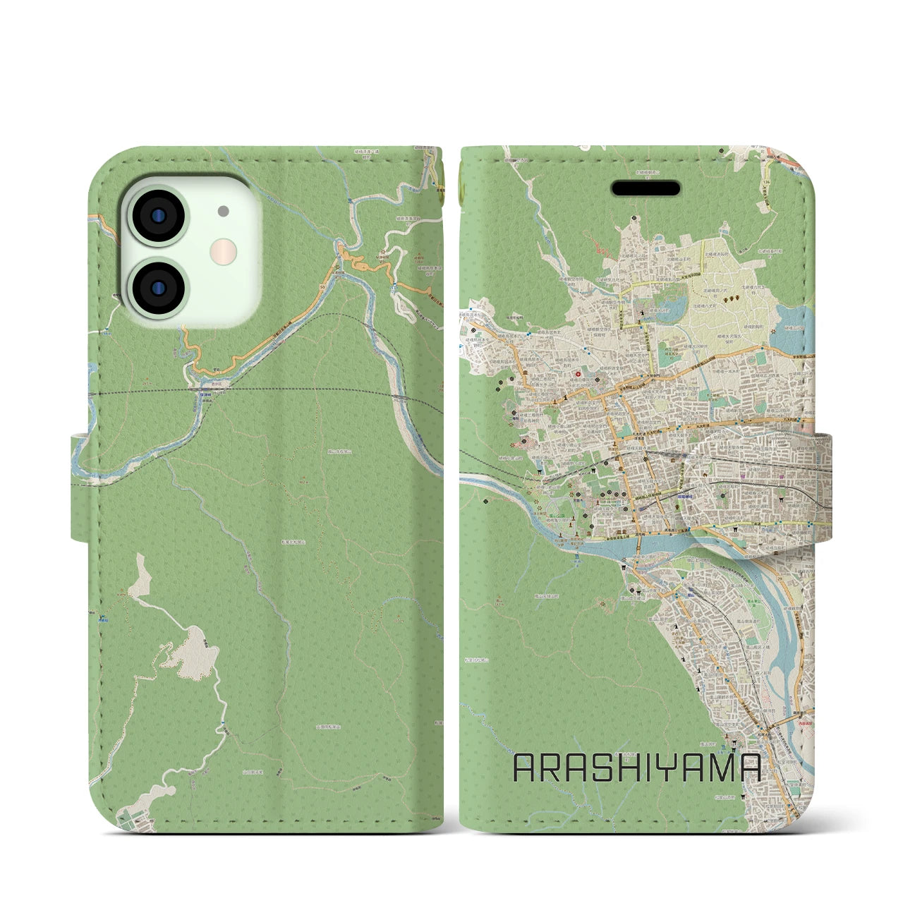 【嵐山】地図柄iPhoneケース（手帳両面タイプ・ナチュラル）iPhone 12 mini 用