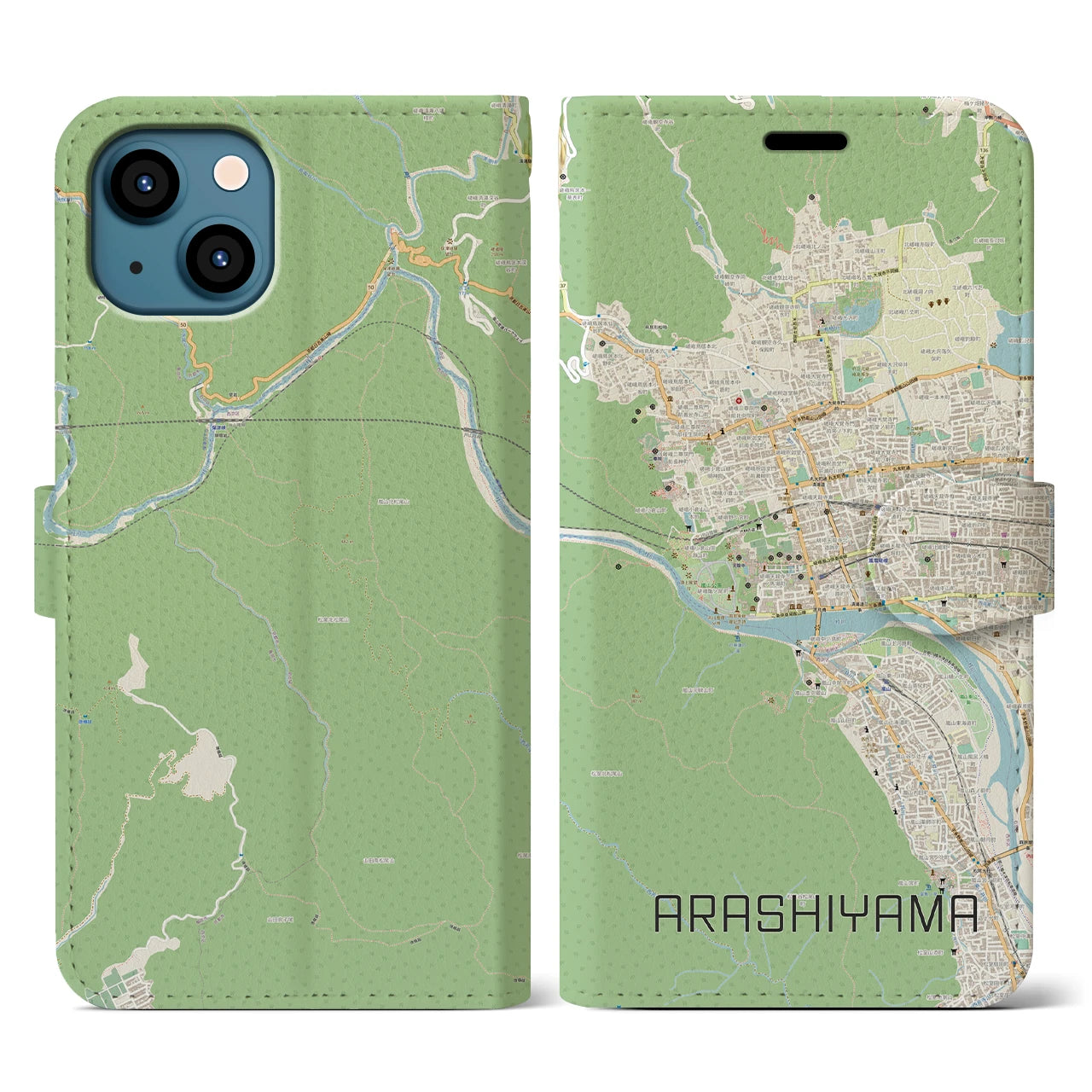 【嵐山】地図柄iPhoneケース（手帳両面タイプ・ナチュラル）iPhone 13 用