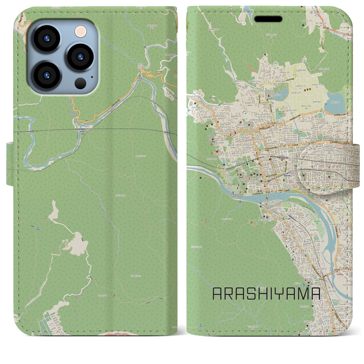 【嵐山】地図柄iPhoneケース（手帳両面タイプ・ナチュラル）iPhone 13 Pro Max 用