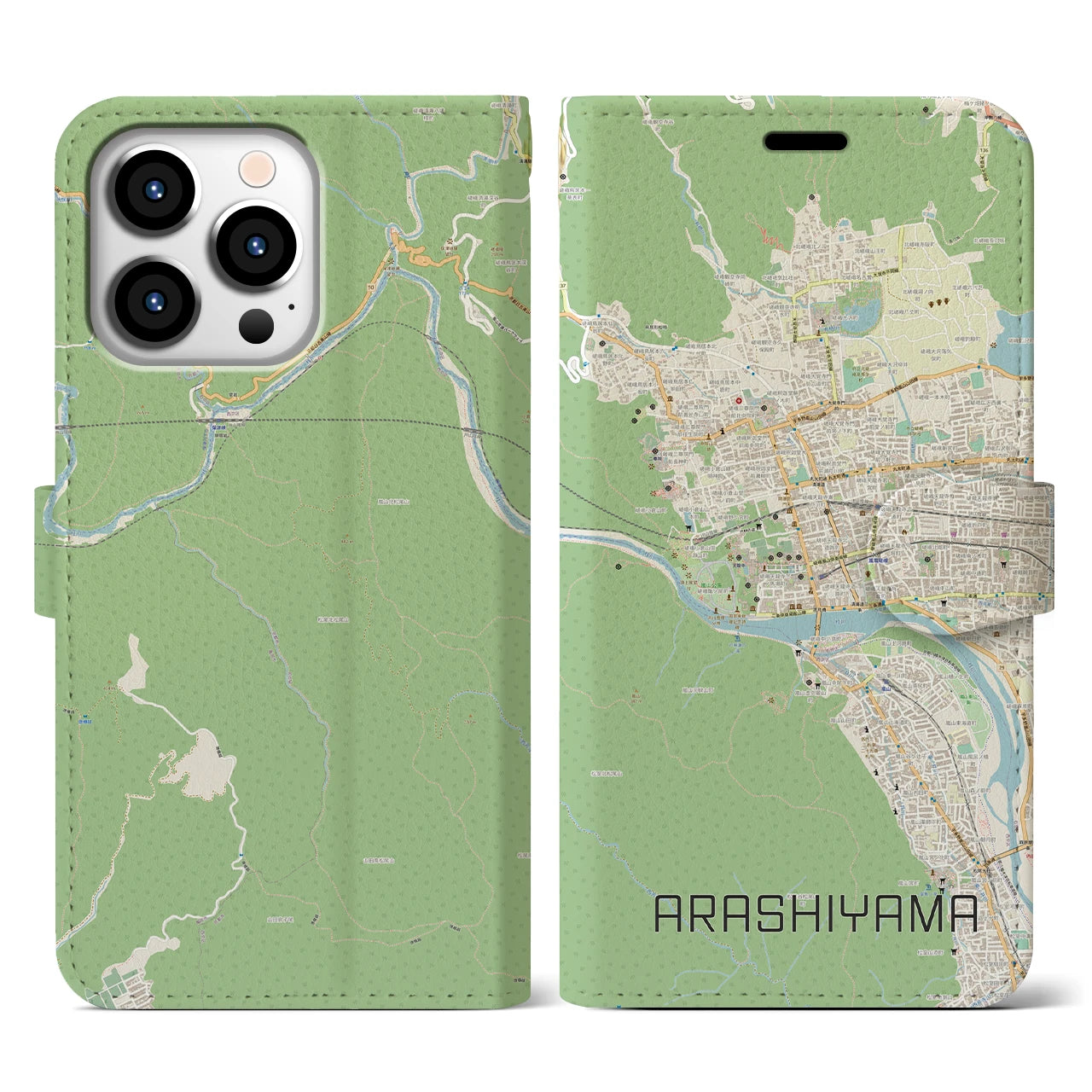 【嵐山】地図柄iPhoneケース（手帳両面タイプ・ナチュラル）iPhone 13 Pro 用