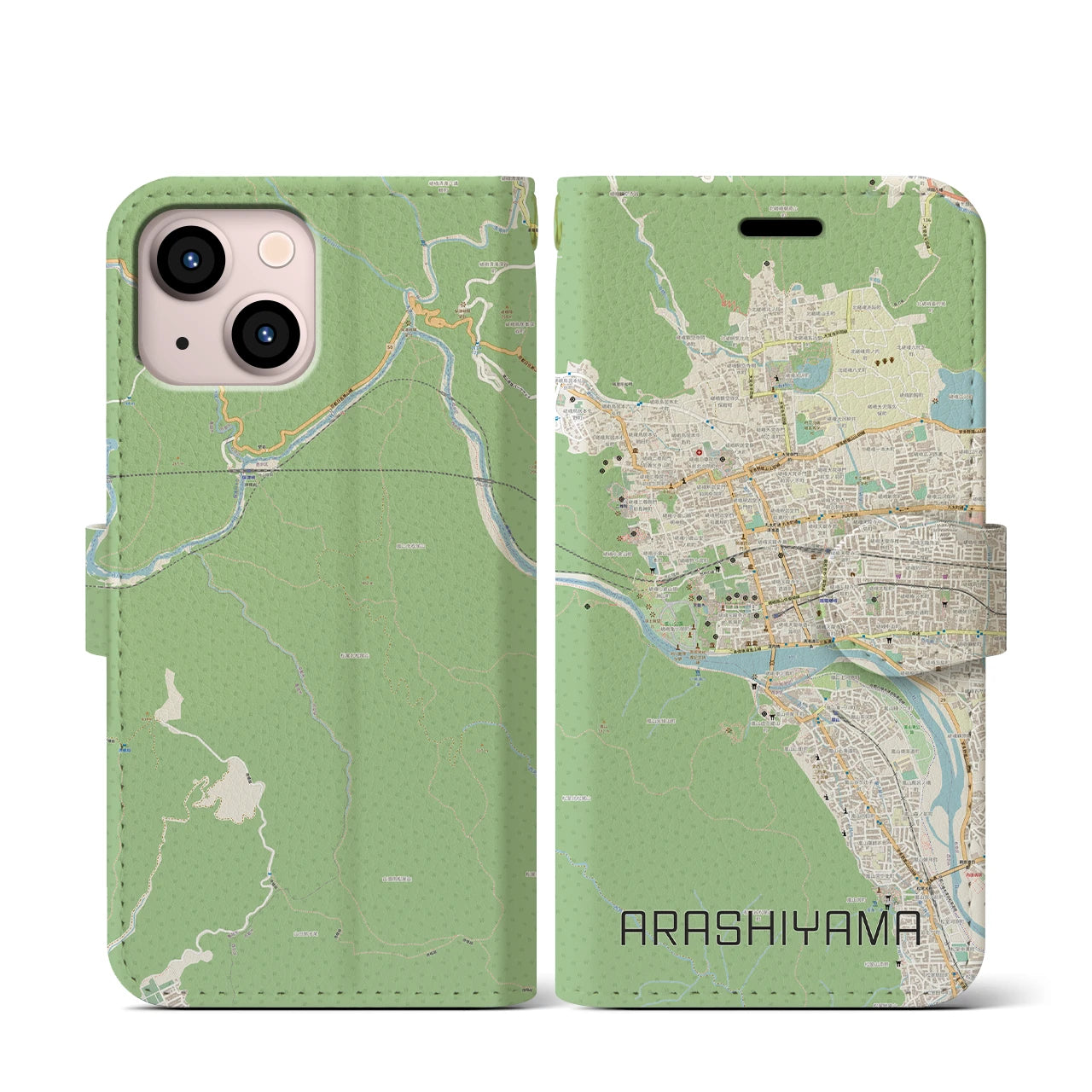 【嵐山】地図柄iPhoneケース（手帳両面タイプ・ナチュラル）iPhone 13 mini 用