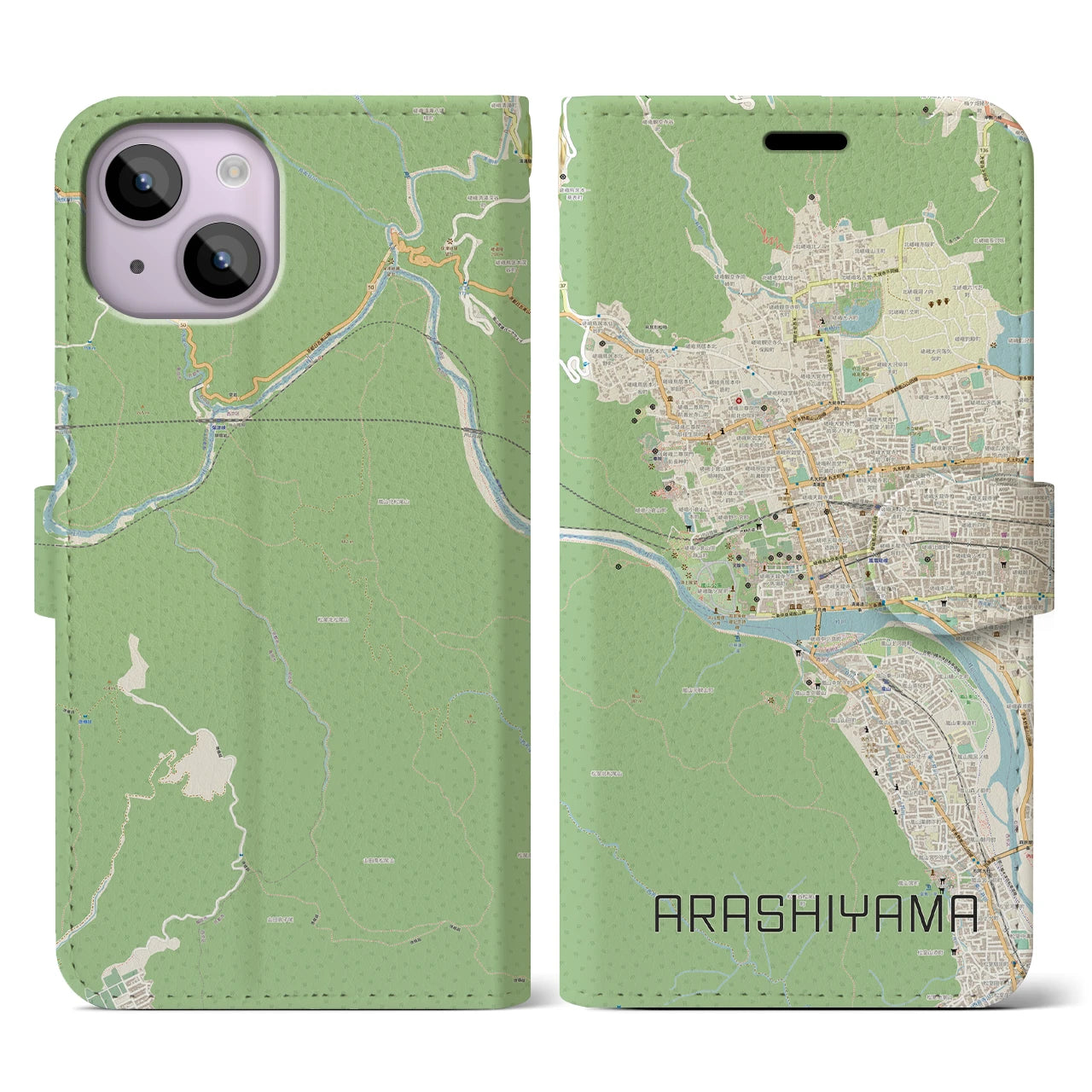 【嵐山】地図柄iPhoneケース（手帳両面タイプ・ナチュラル）iPhone 14 用