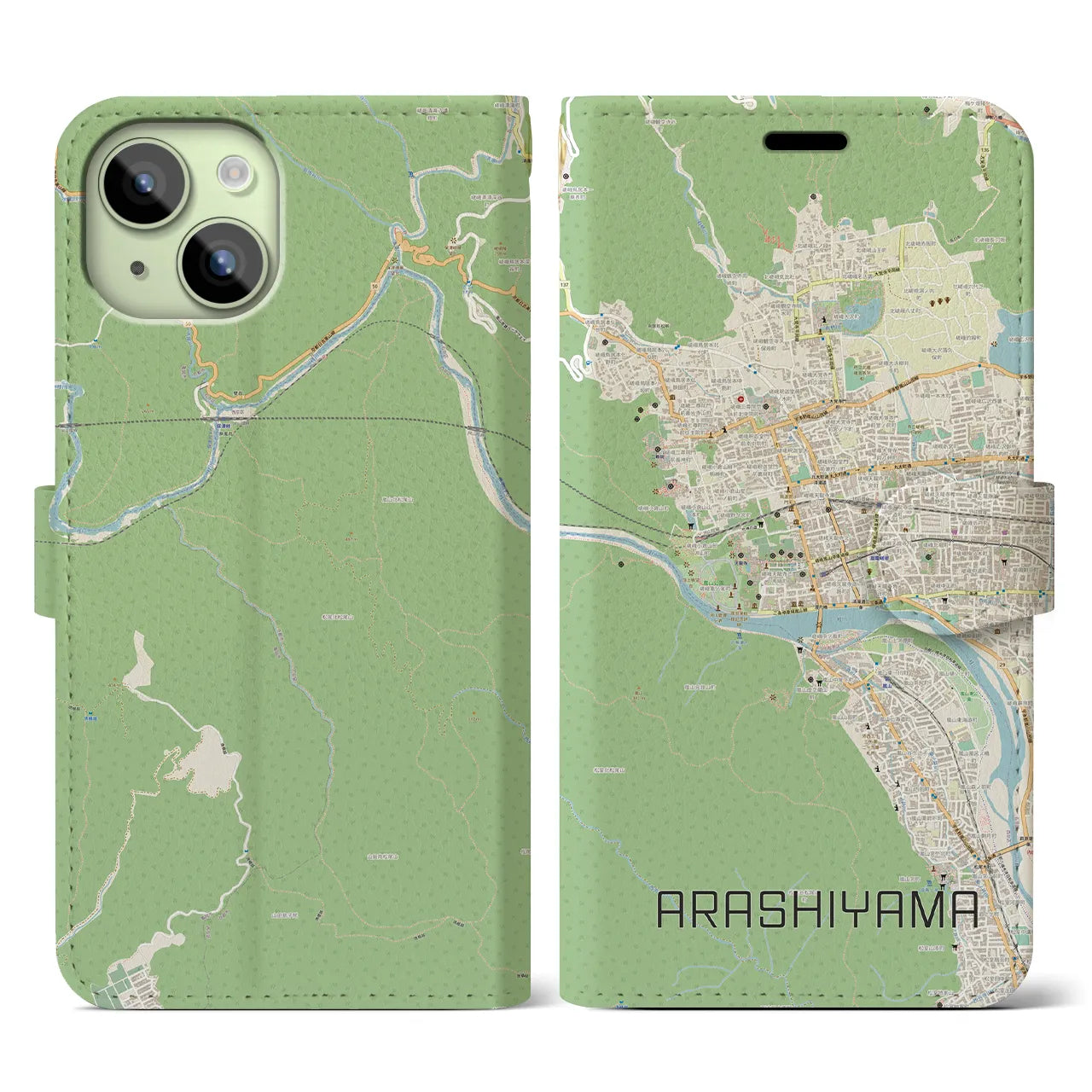 【嵐山】地図柄iPhoneケース（手帳両面タイプ・ナチュラル）iPhone 15 用