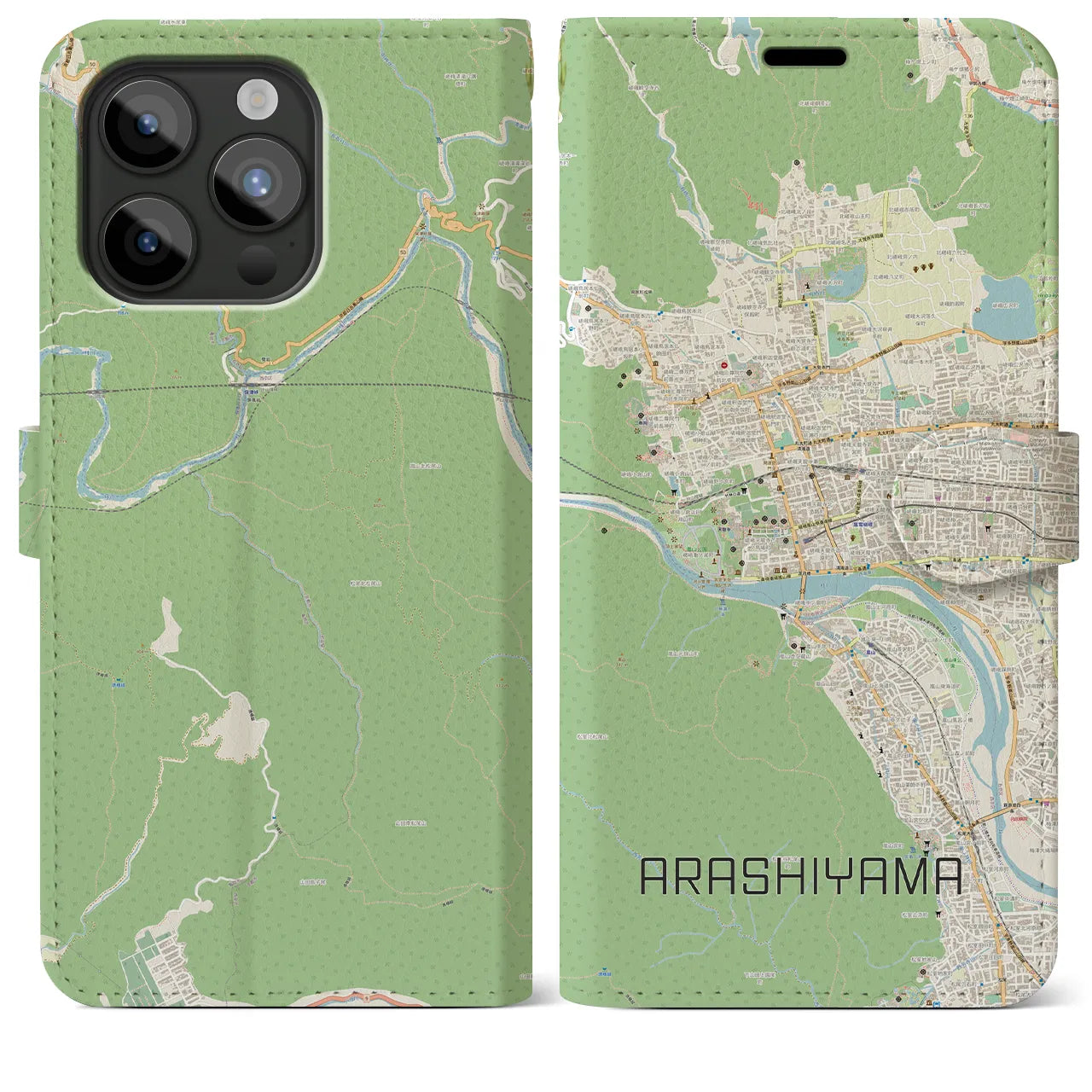 【嵐山】地図柄iPhoneケース（手帳両面タイプ・ナチュラル）iPhone 15 Pro Max 用