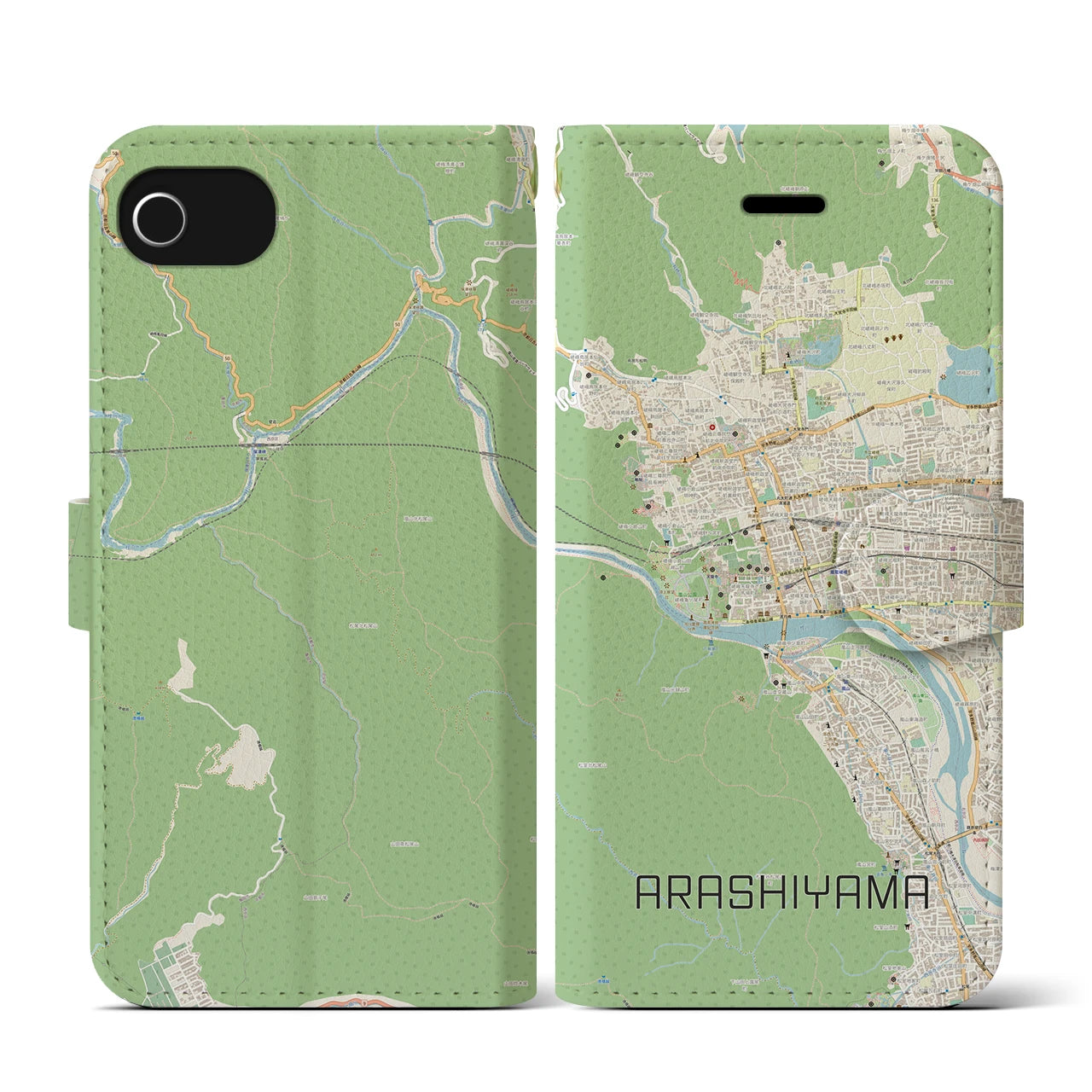 【嵐山】地図柄iPhoneケース（手帳両面タイプ・ナチュラル）iPhone SE（第3 / 第2世代） / 8 / 7 / 6s / 6 用