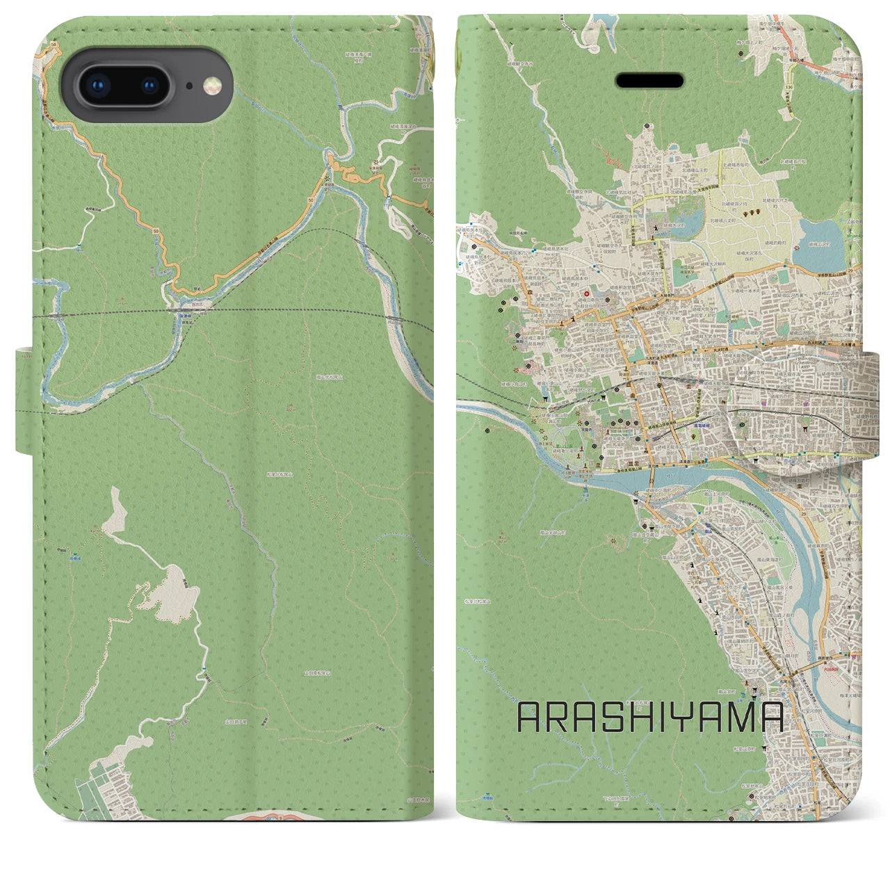 【嵐山】地図柄iPhoneケース（手帳両面タイプ・ナチュラル）iPhone 8Plus /7Plus / 6sPlus / 6Plus 用