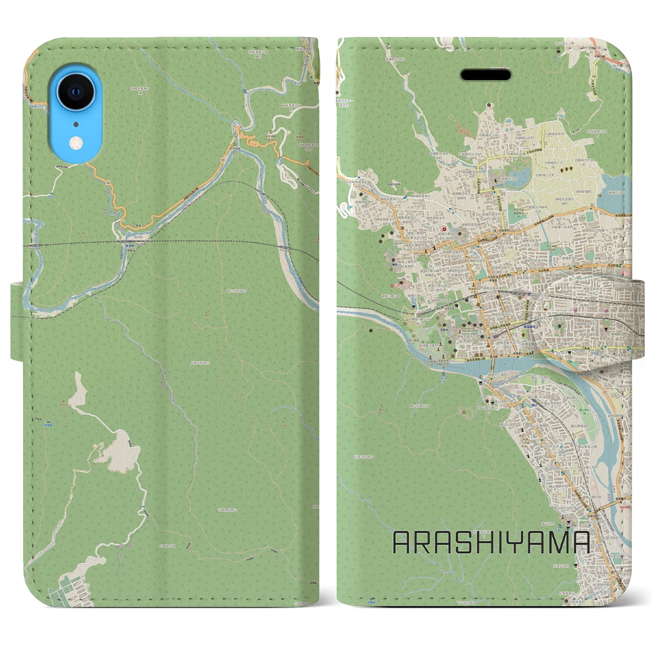 【嵐山】地図柄iPhoneケース（手帳両面タイプ・ナチュラル）iPhone XR 用