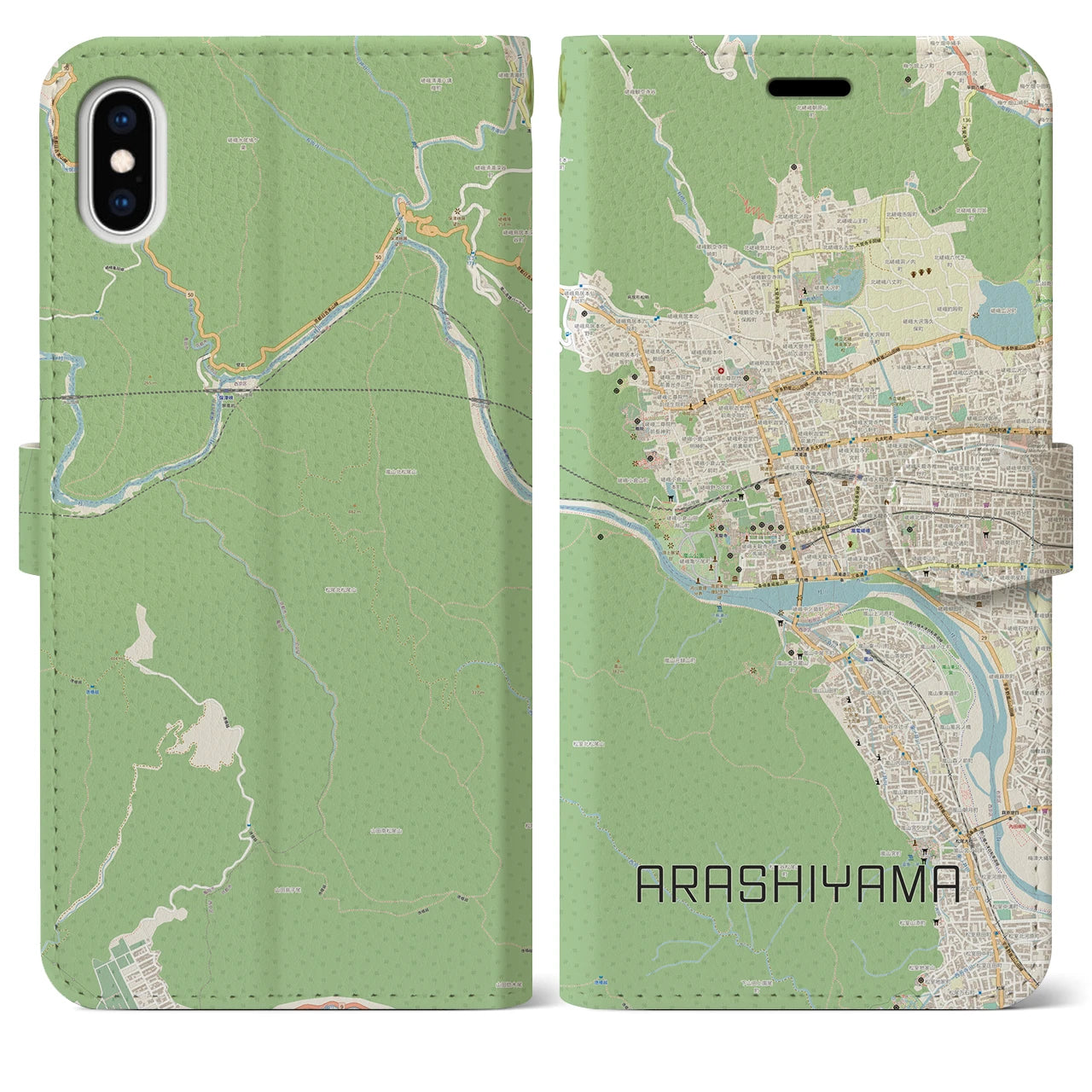 【嵐山】地図柄iPhoneケース（手帳両面タイプ・ナチュラル）iPhone XS Max 用