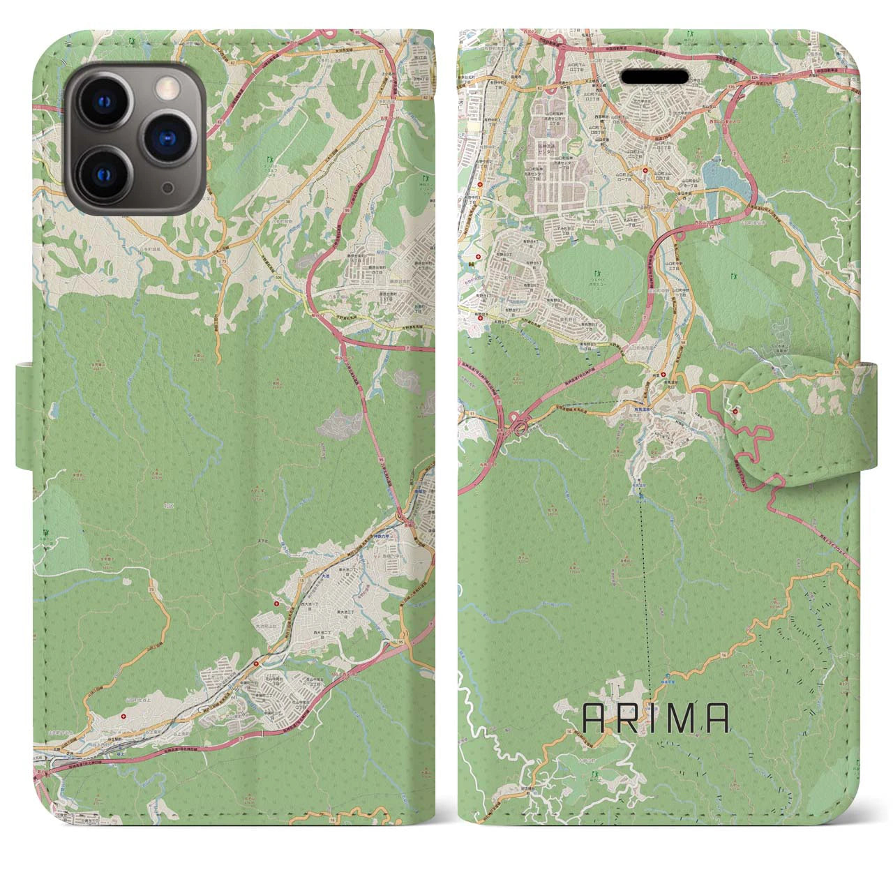 【有馬】地図柄iPhoneケース（手帳両面タイプ・ナチュラル）iPhone 11 Pro Max 用