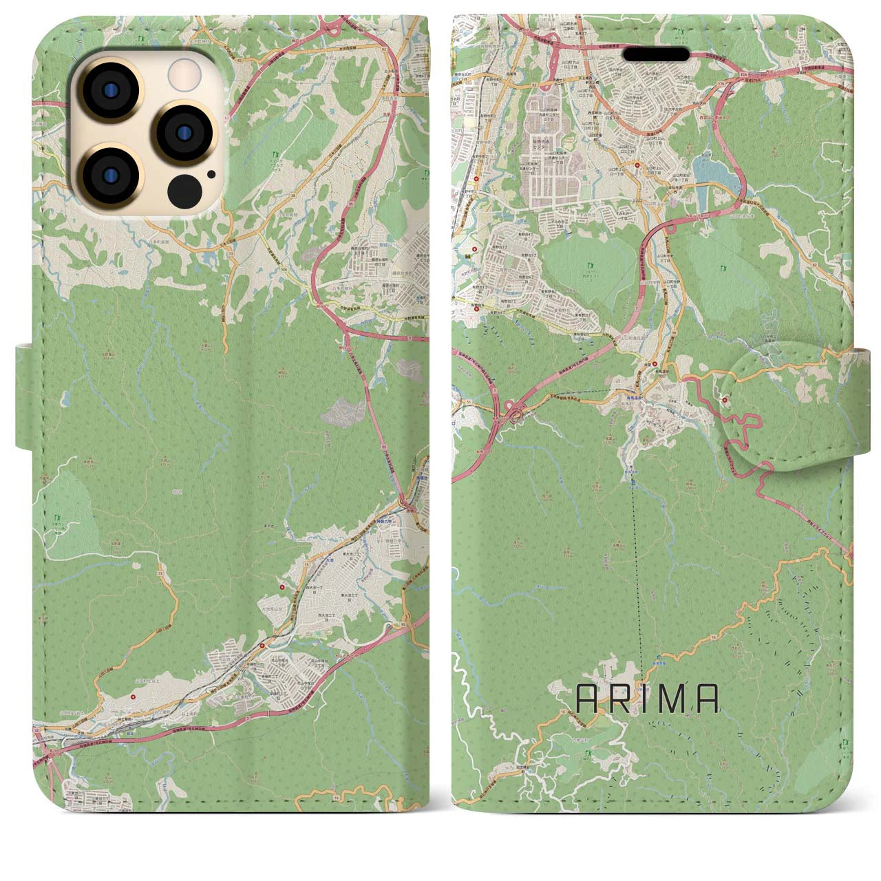 【有馬】地図柄iPhoneケース（手帳両面タイプ・ナチュラル）iPhone 12 Pro Max 用