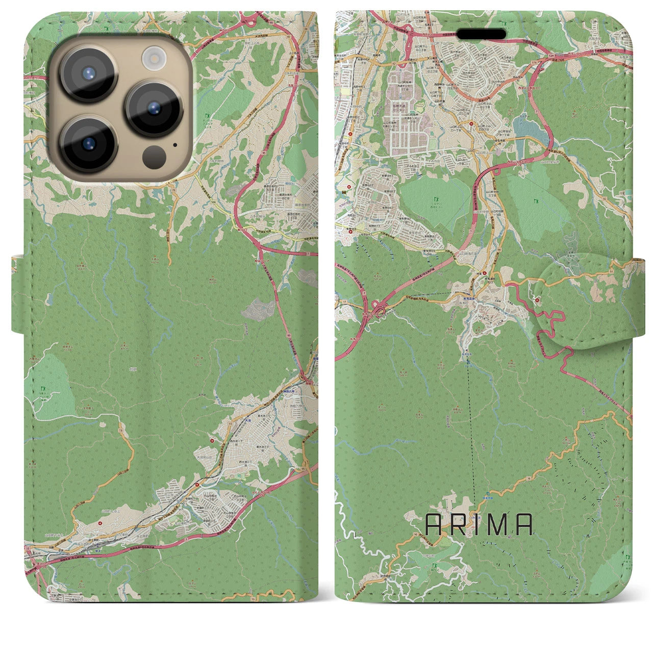 【有馬】地図柄iPhoneケース（手帳両面タイプ・ナチュラル）iPhone 14 Pro Max 用