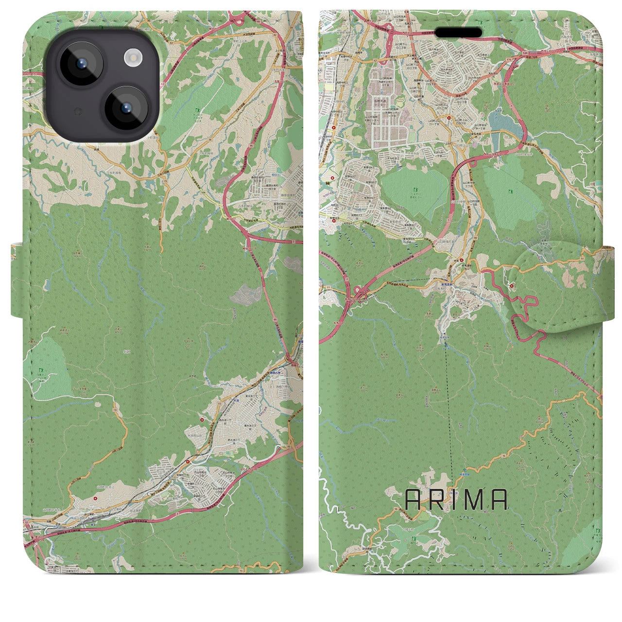 【有馬】地図柄iPhoneケース（手帳両面タイプ・ナチュラル）iPhone 14 Plus 用