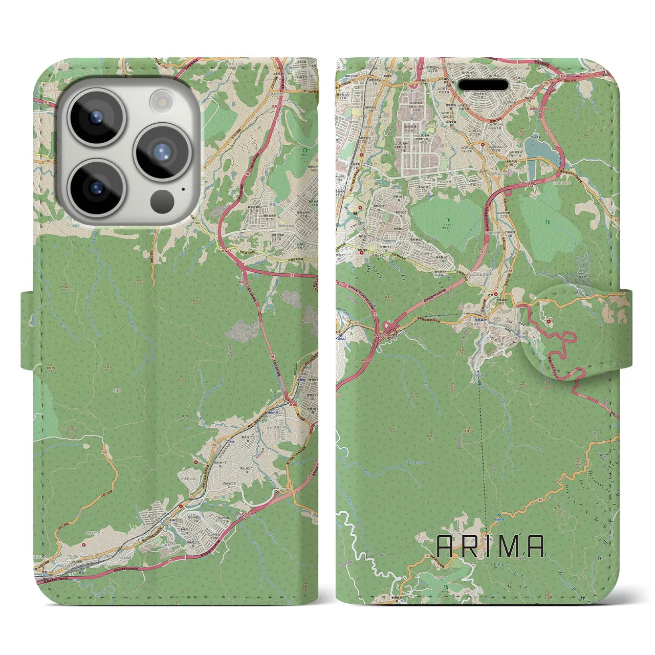 【有馬】地図柄iPhoneケース（手帳両面タイプ・ナチュラル）iPhone 15 Pro 用
