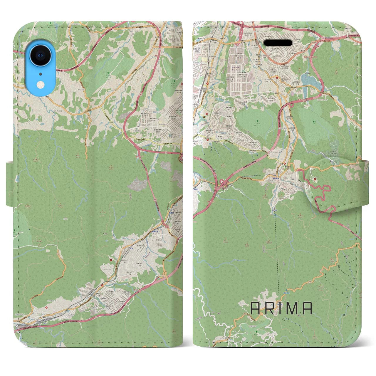 【有馬】地図柄iPhoneケース（手帳両面タイプ・ナチュラル）iPhone XR 用