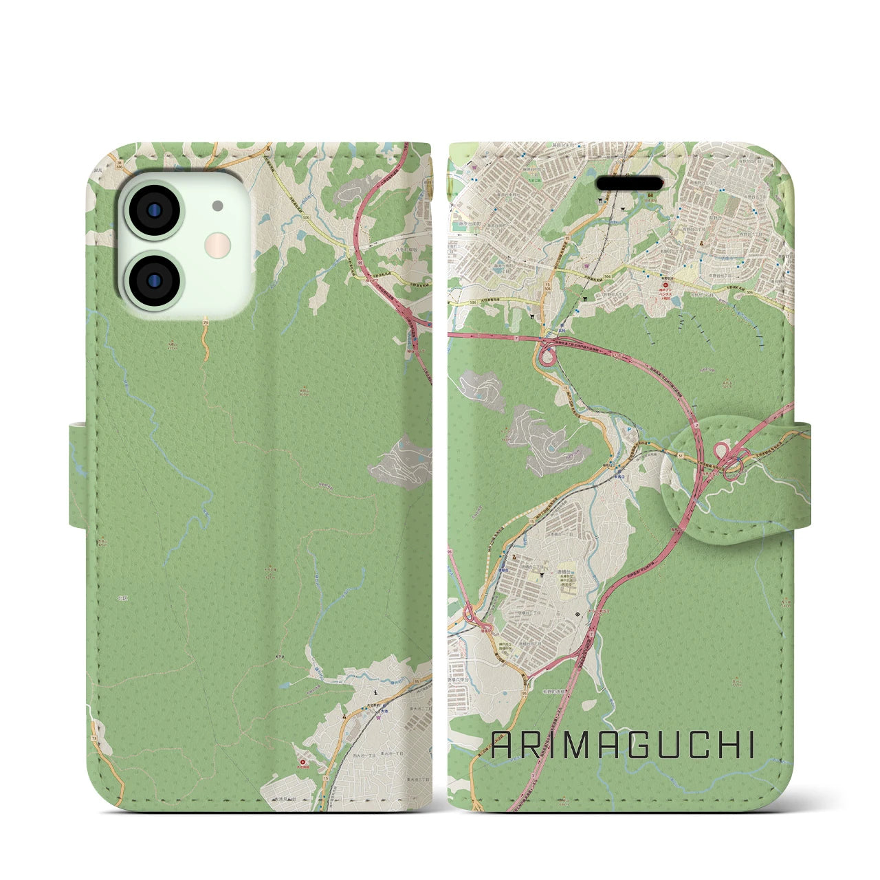 【有馬口】地図柄iPhoneケース（手帳両面タイプ・ナチュラル）iPhone 12 mini 用