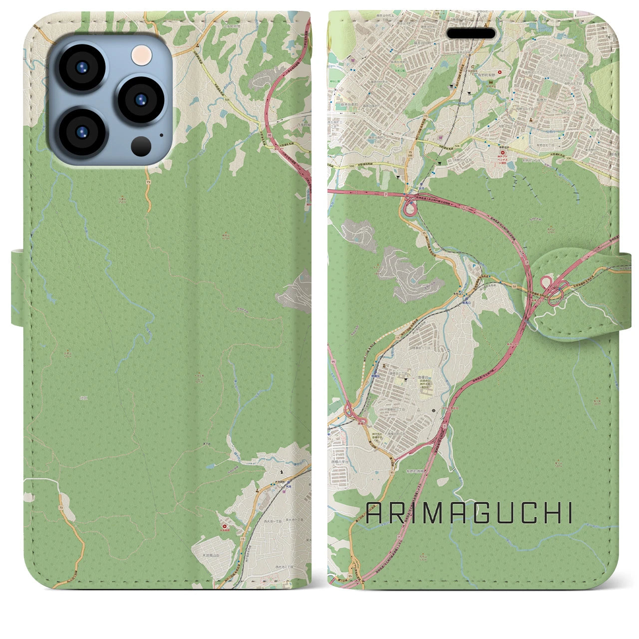 【有馬口】地図柄iPhoneケース（手帳両面タイプ・ナチュラル）iPhone 13 Pro Max 用