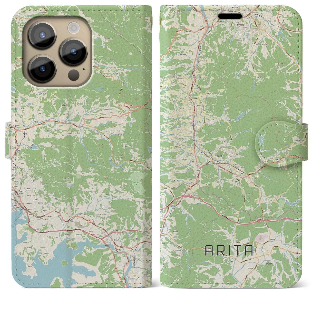 【有田】地図柄iPhoneケース（手帳両面タイプ・ナチュラル）iPhone 14 Pro Max 用