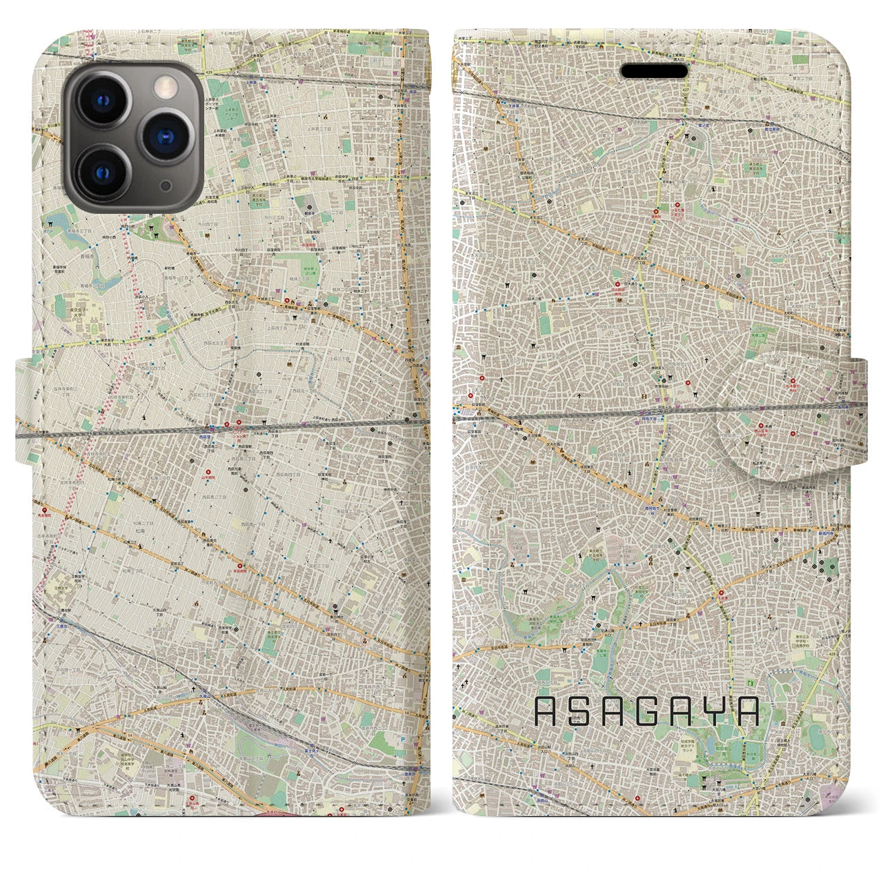 【阿佐ケ谷2（東京都）】地図柄iPhoneケース（手帳タイプ）ナチュラル・iPhone 11 Pro Max 用