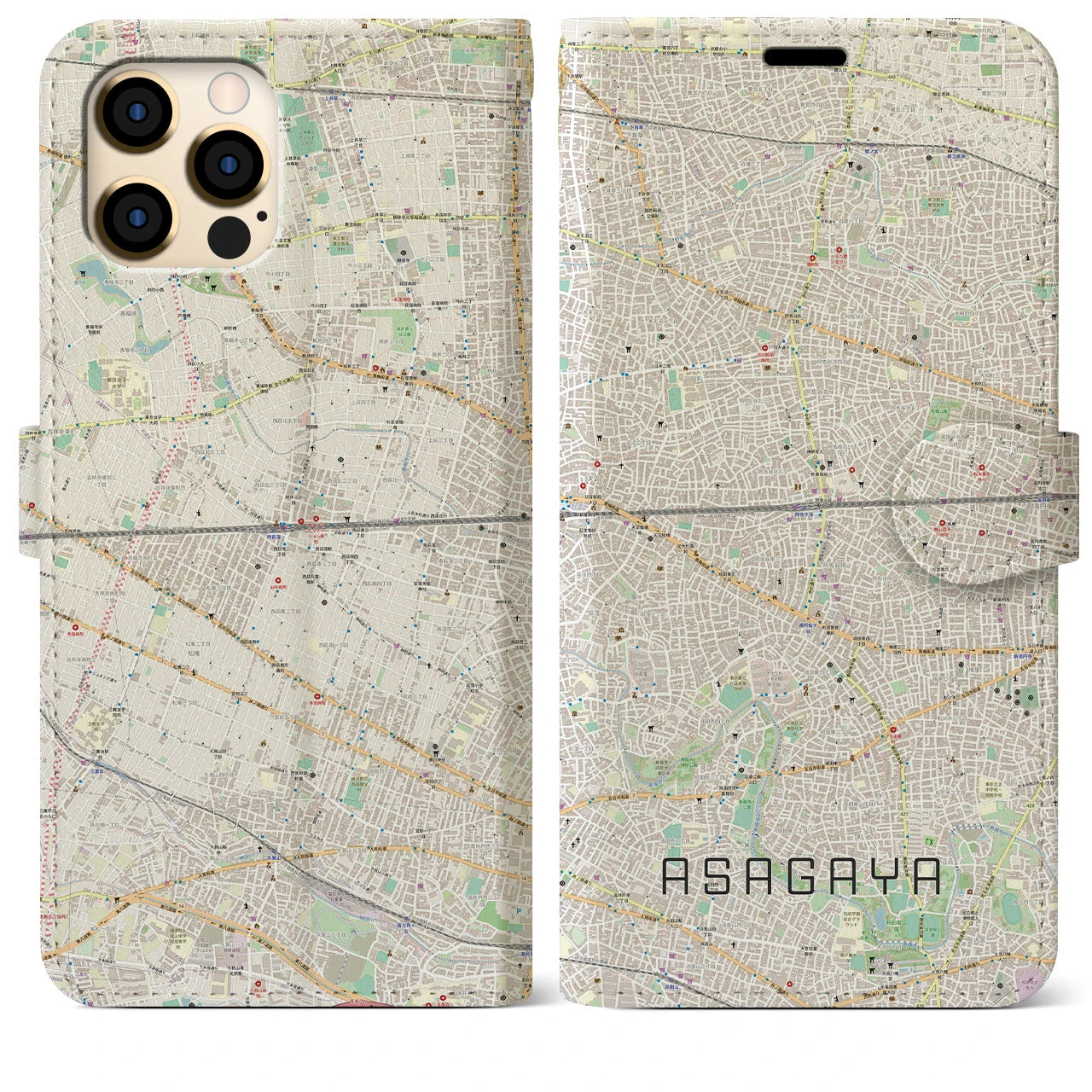 【阿佐ケ谷2（東京都）】地図柄iPhoneケース（手帳タイプ）ナチュラル・iPhone 12 Pro Max 用
