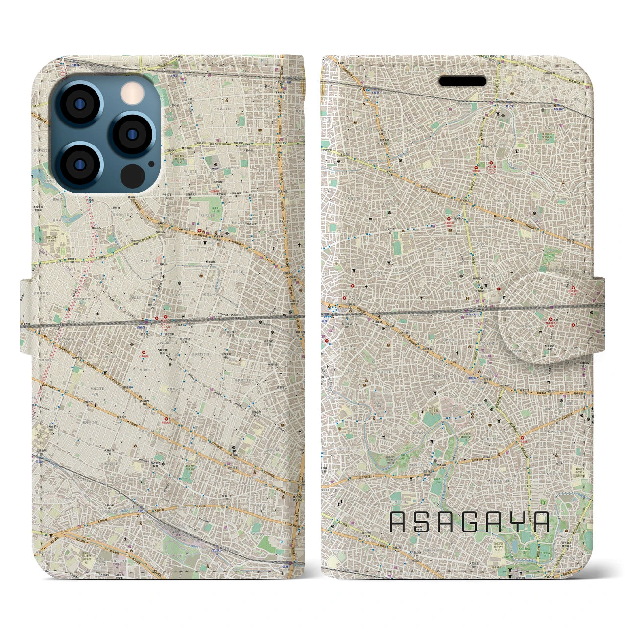 【阿佐ケ谷2（東京都）】地図柄iPhoneケース（手帳タイプ）ナチュラル・iPhone 12 / 12 Pro 用
