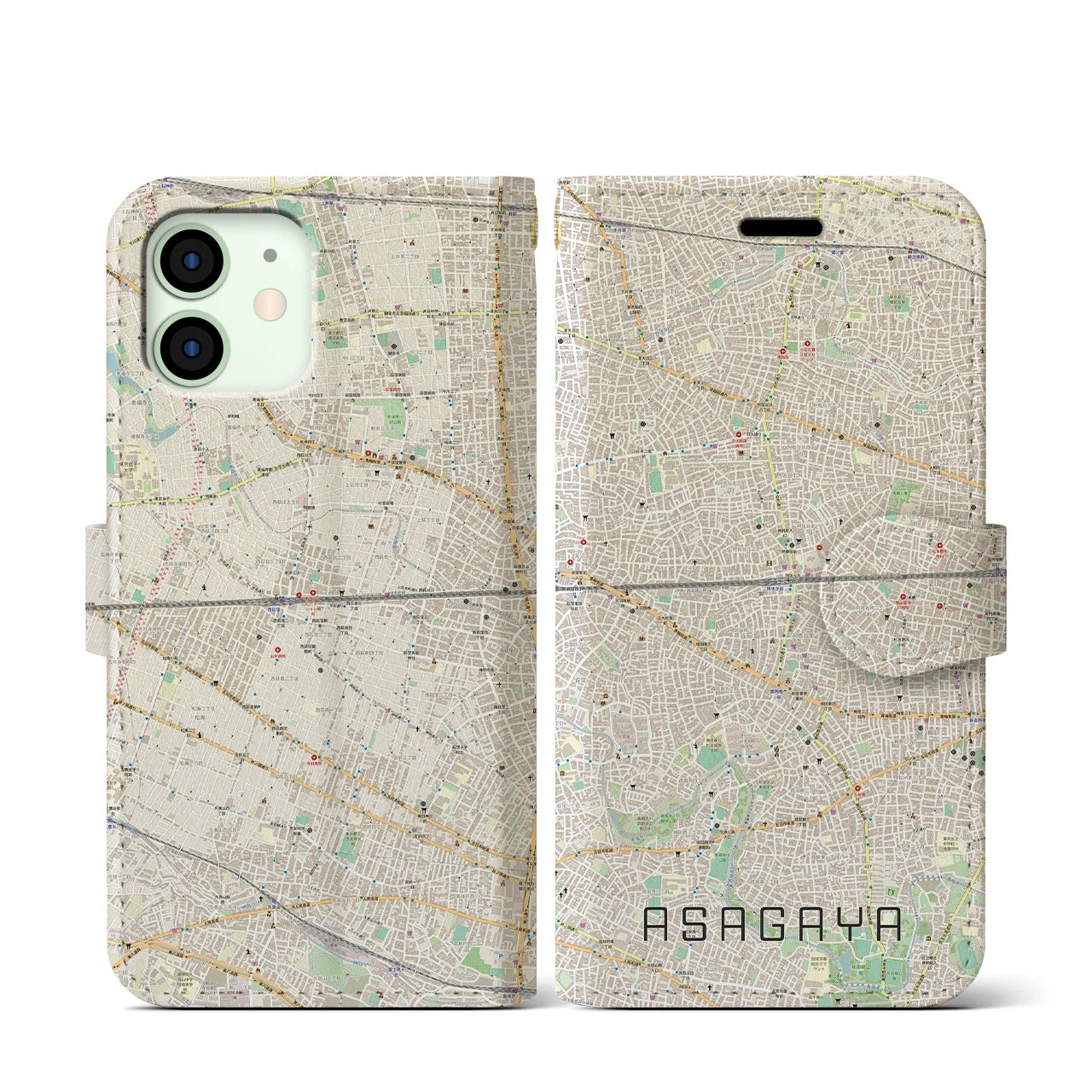 【阿佐ケ谷2（東京都）】地図柄iPhoneケース（手帳タイプ）ナチュラル・iPhone 12 mini 用