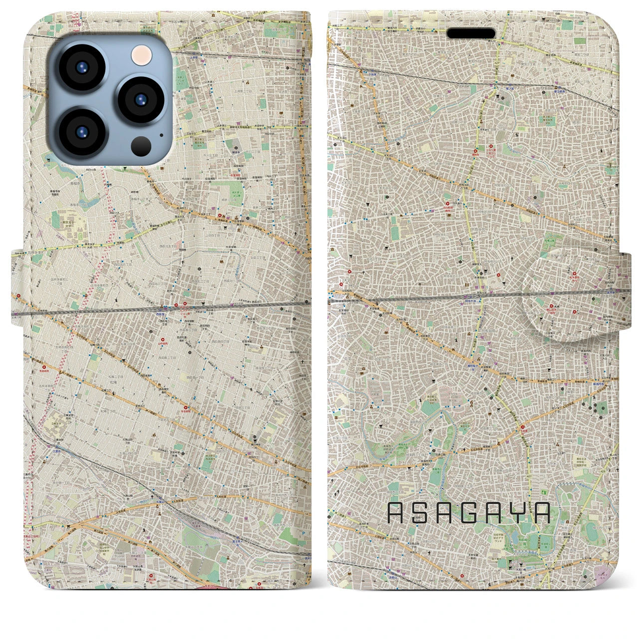 【阿佐ケ谷2（東京都）】地図柄iPhoneケース（手帳タイプ）ナチュラル・iPhone 13 Pro Max 用