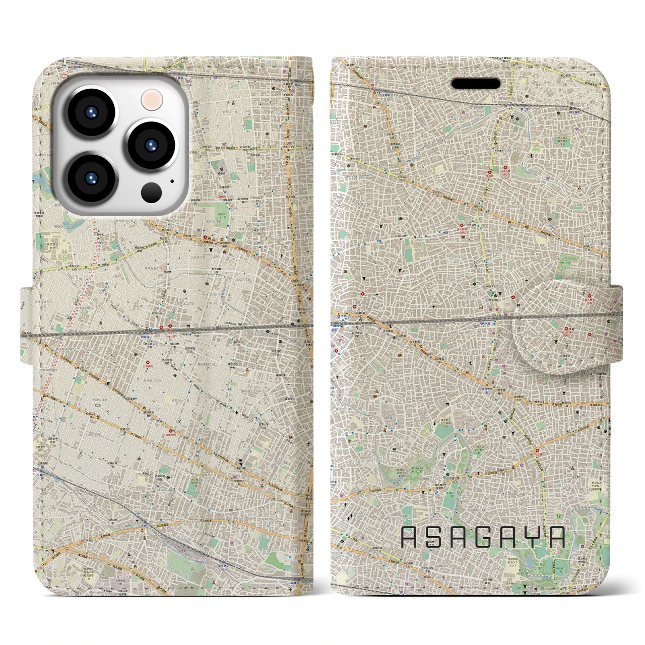 【阿佐ケ谷2（東京都）】地図柄iPhoneケース（手帳タイプ）ナチュラル・iPhone 13 Pro 用