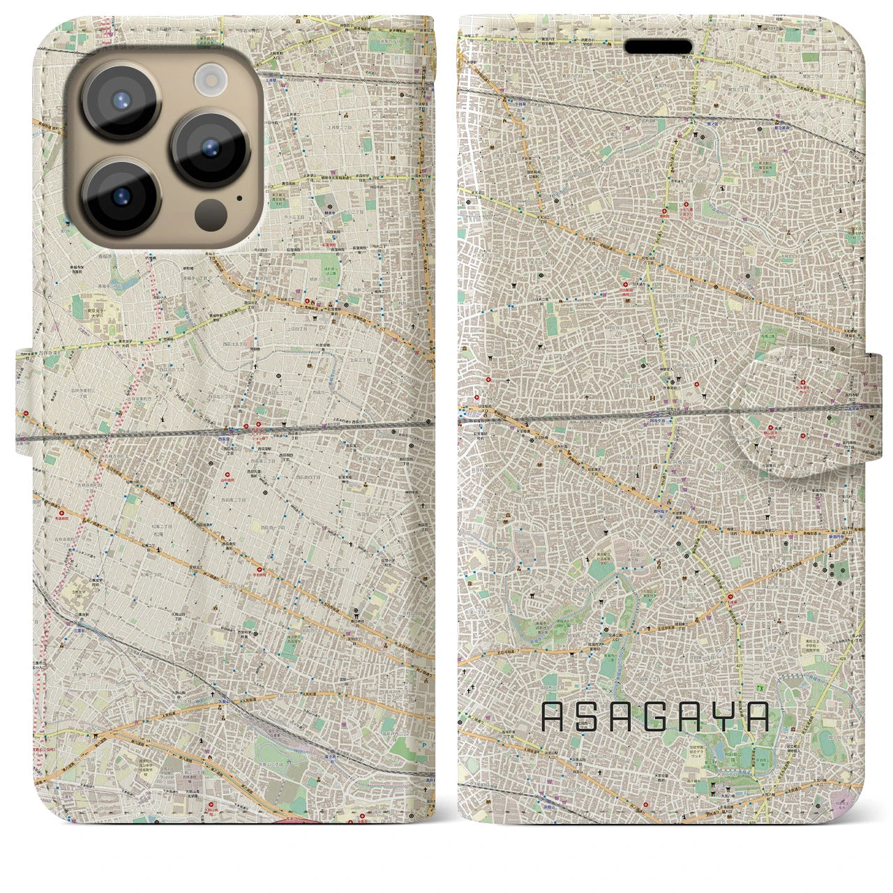 【阿佐ケ谷2（東京都）】地図柄iPhoneケース（手帳タイプ）ナチュラル・iPhone 14 Pro Max 用