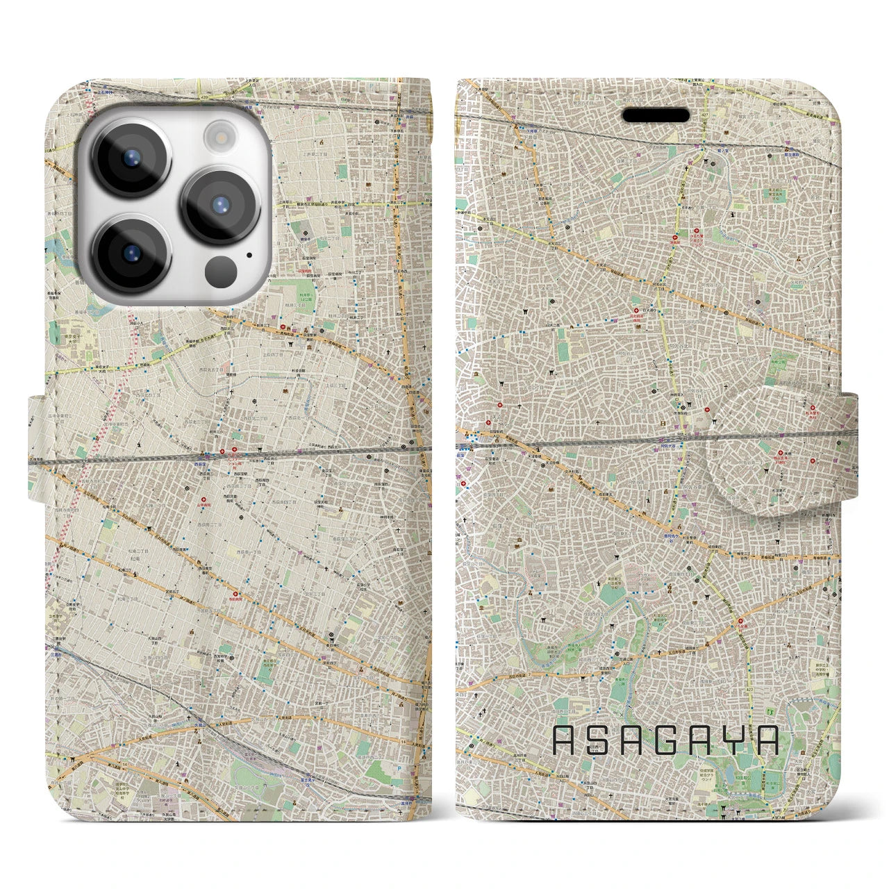 【阿佐ケ谷2（東京都）】地図柄iPhoneケース（手帳タイプ）ナチュラル・iPhone 14 Pro 用