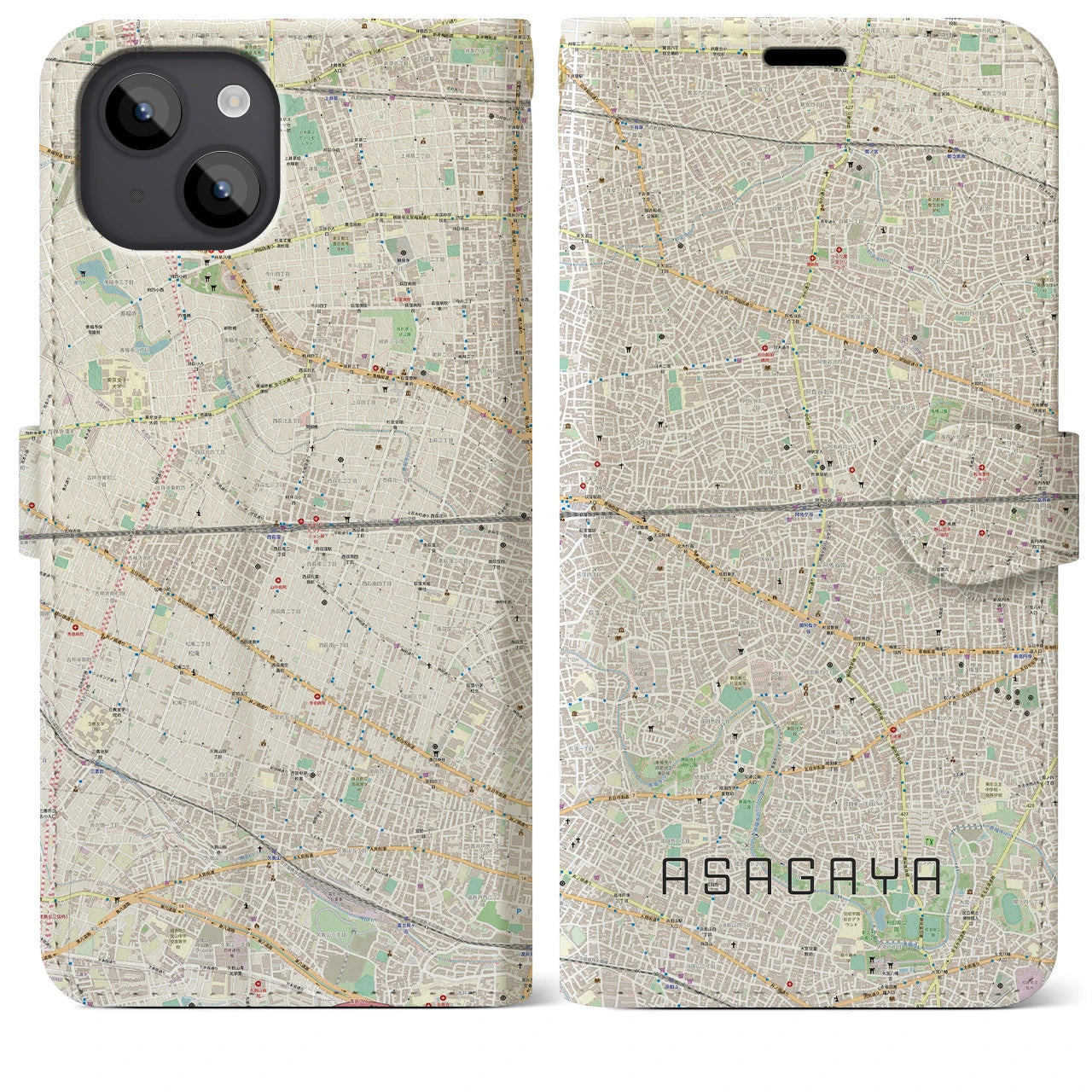 【阿佐ケ谷2（東京都）】地図柄iPhoneケース（手帳タイプ）ナチュラル・iPhone 14 Plus 用