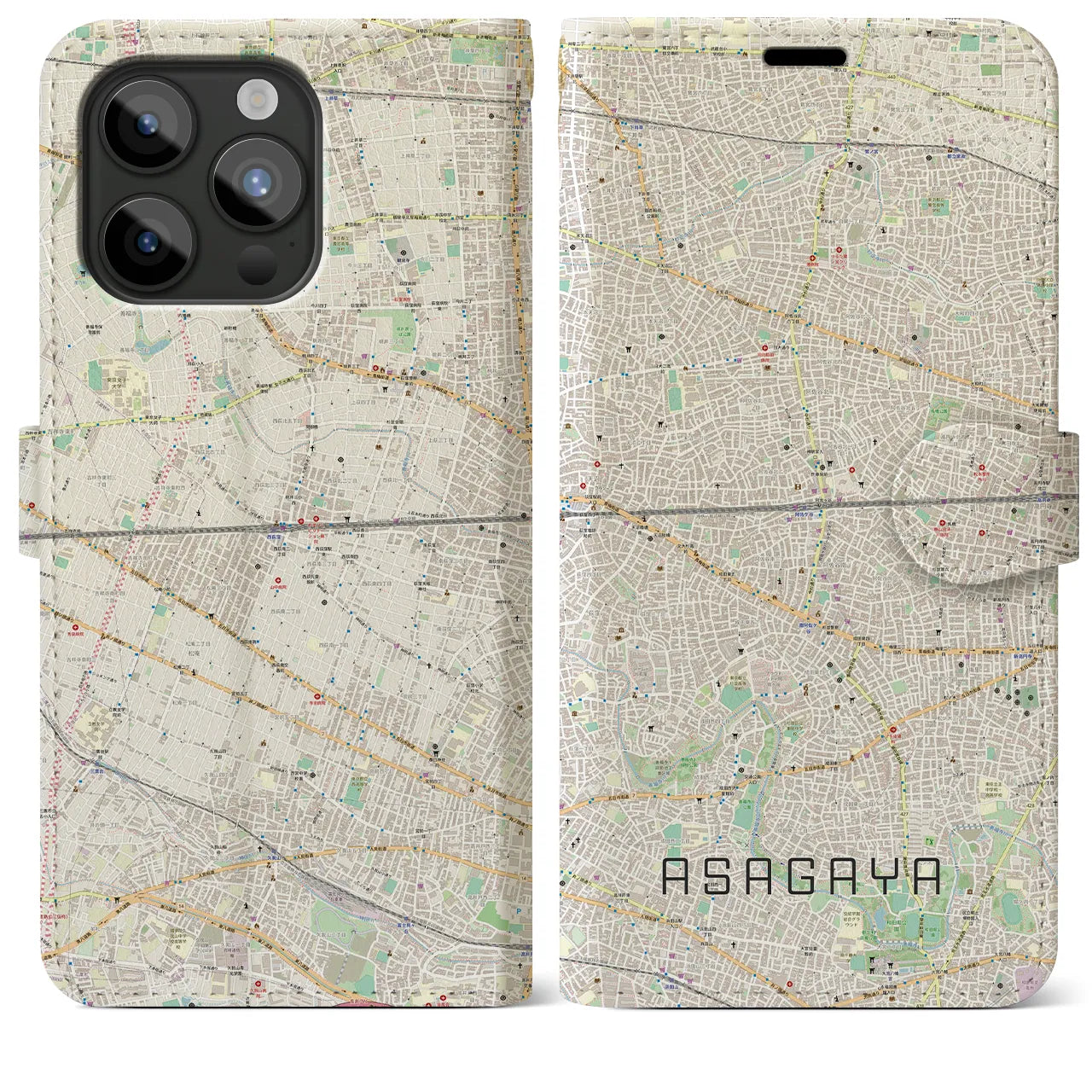 【阿佐ケ谷2（東京都）】地図柄iPhoneケース（手帳タイプ）ナチュラル・iPhone 15 Pro Max 用