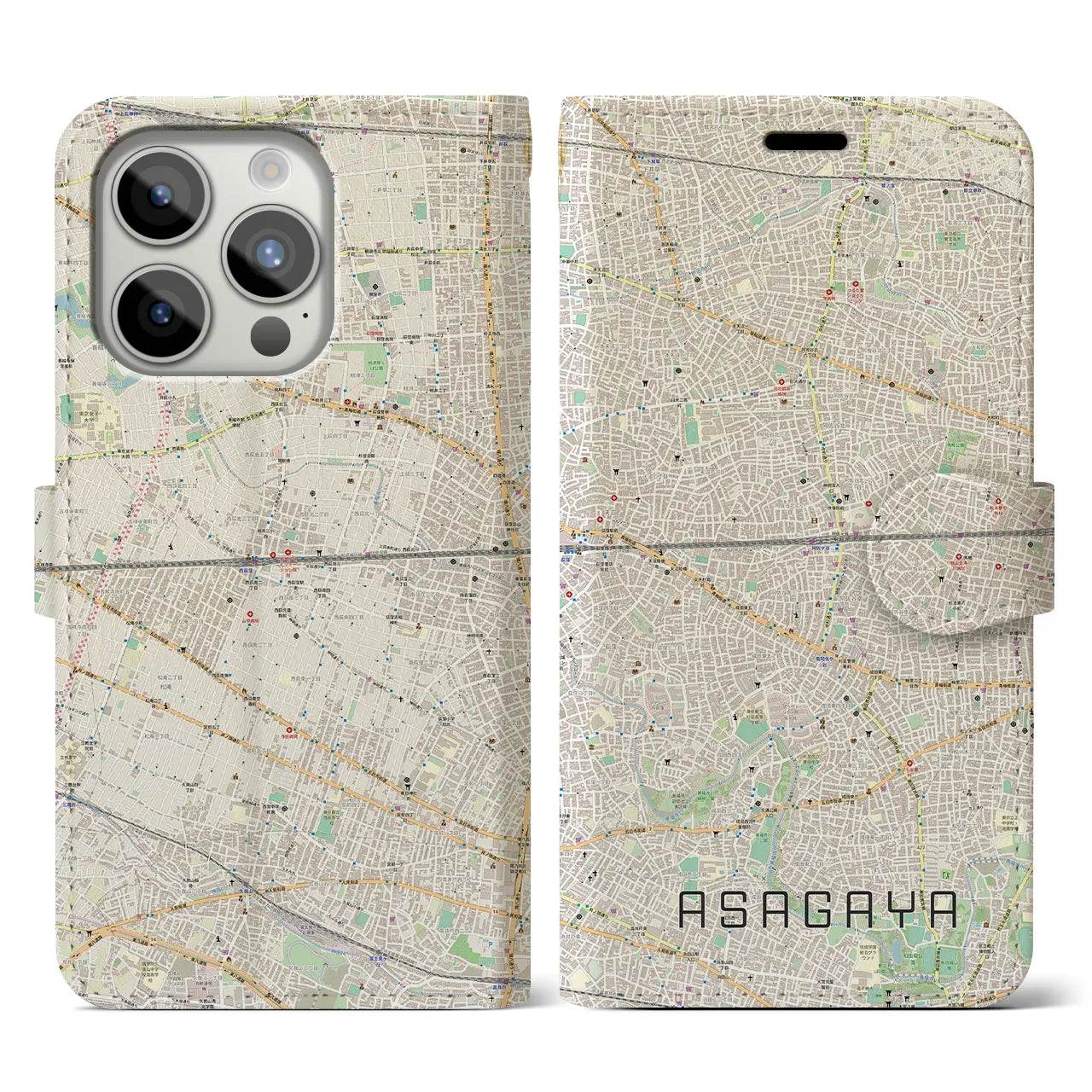【阿佐ケ谷2（東京都）】地図柄iPhoneケース（手帳タイプ）ナチュラル・iPhone 15 Pro 用