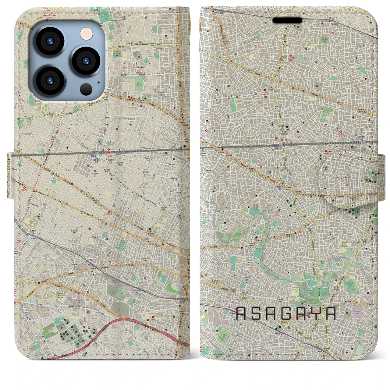 【阿佐ケ谷】地図柄iPhoneケース（手帳両面タイプ・ナチュラル）iPhone 13 Pro Max 用