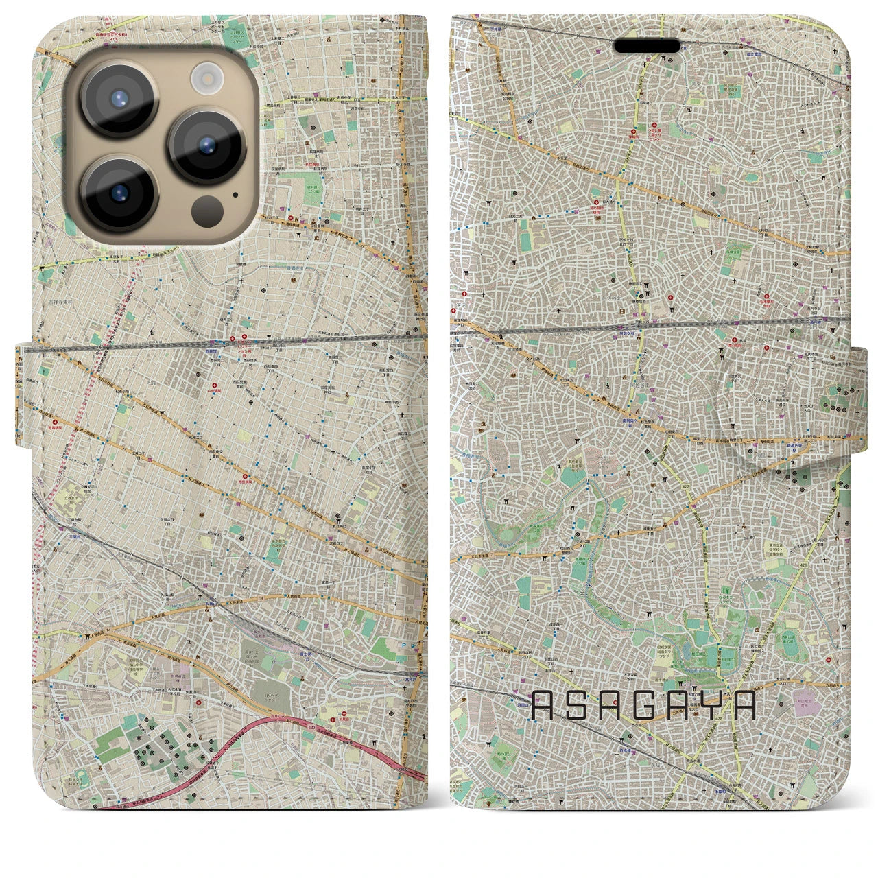 【阿佐ケ谷】地図柄iPhoneケース（手帳両面タイプ・ナチュラル）iPhone 14 Pro Max 用