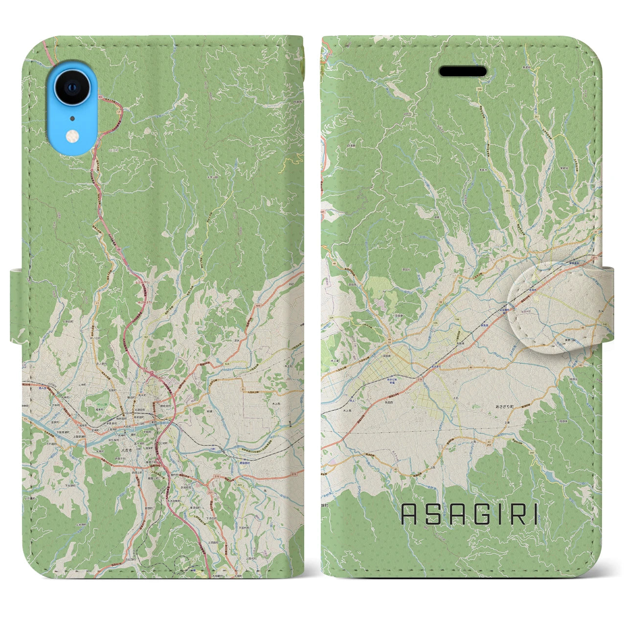 【あさぎり】地図柄iPhoneケース（手帳両面タイプ・ナチュラル）iPhone XR 用