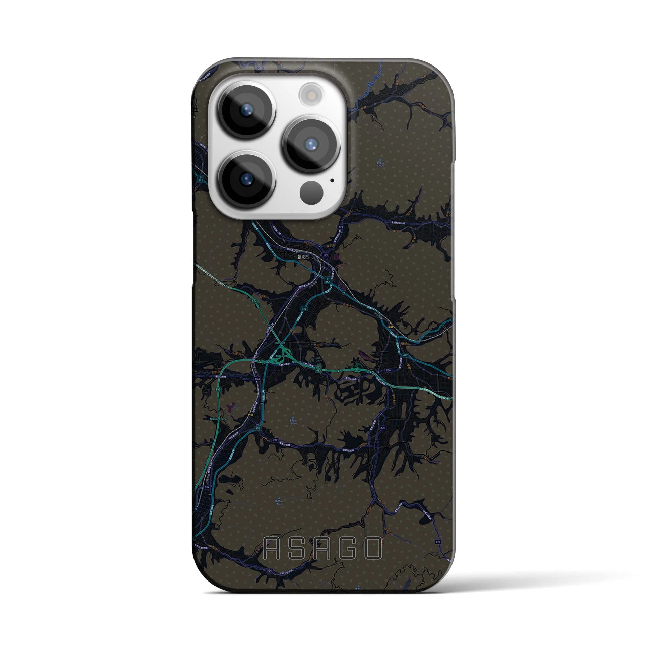【朝来】地図柄iPhoneケース（バックカバータイプ・ブラック）iPhone 14 Pro 用